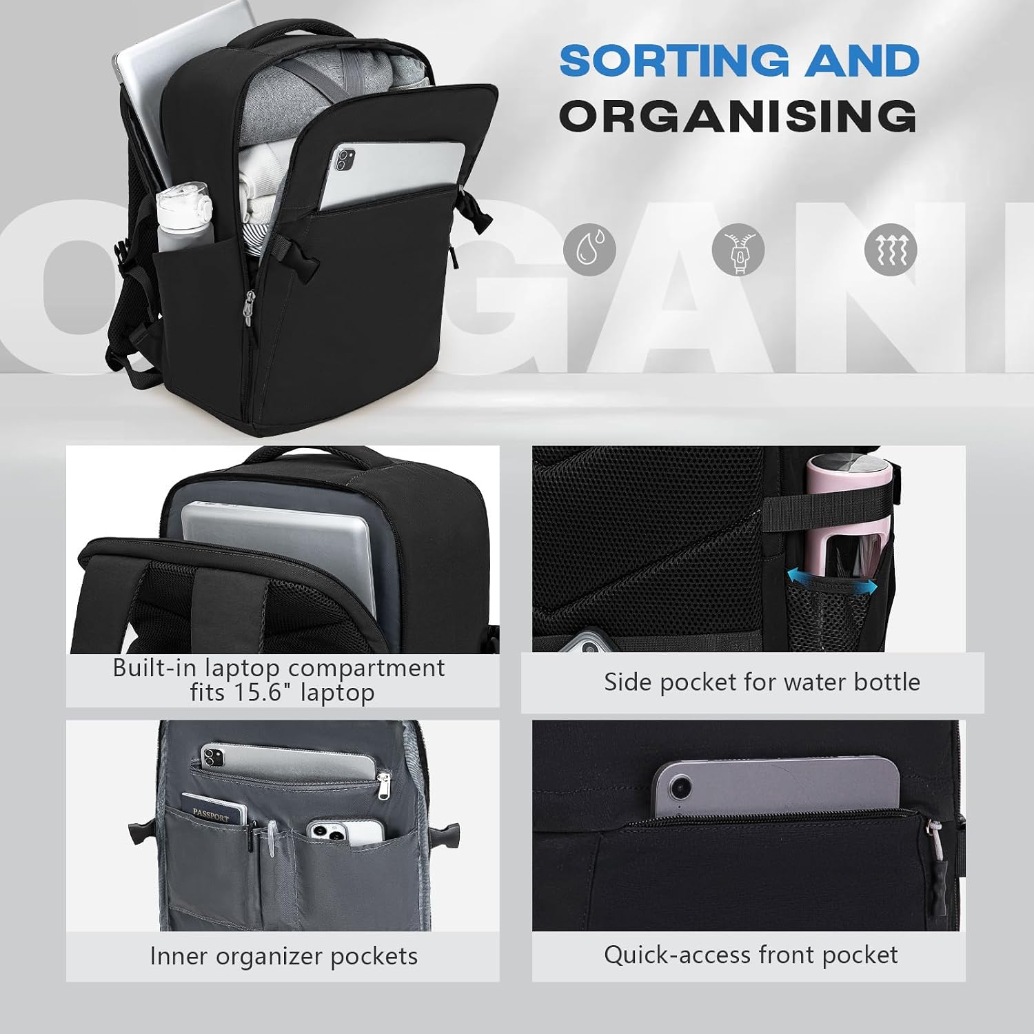 Detalle 2 de Xkdoai Zaino da Viaggio Aereo 32L 45x36x20 cm – Tasche multiuso e apertura a 180°