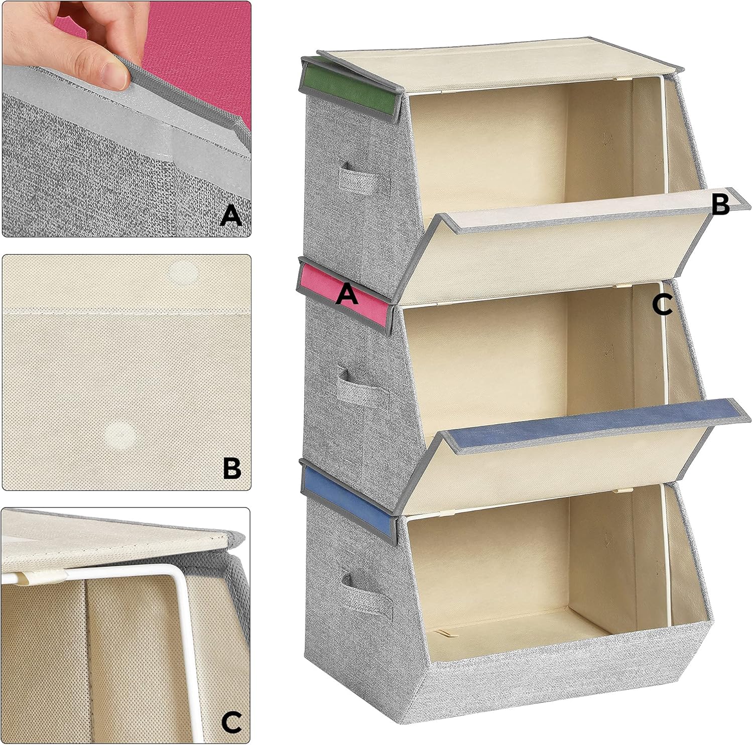 Thumbnail 4 de SONGMICS RFB760P01 – Lot de 3 boîtes de rangement pour enfant, empilables et pliables, avec couvercles magnétiques