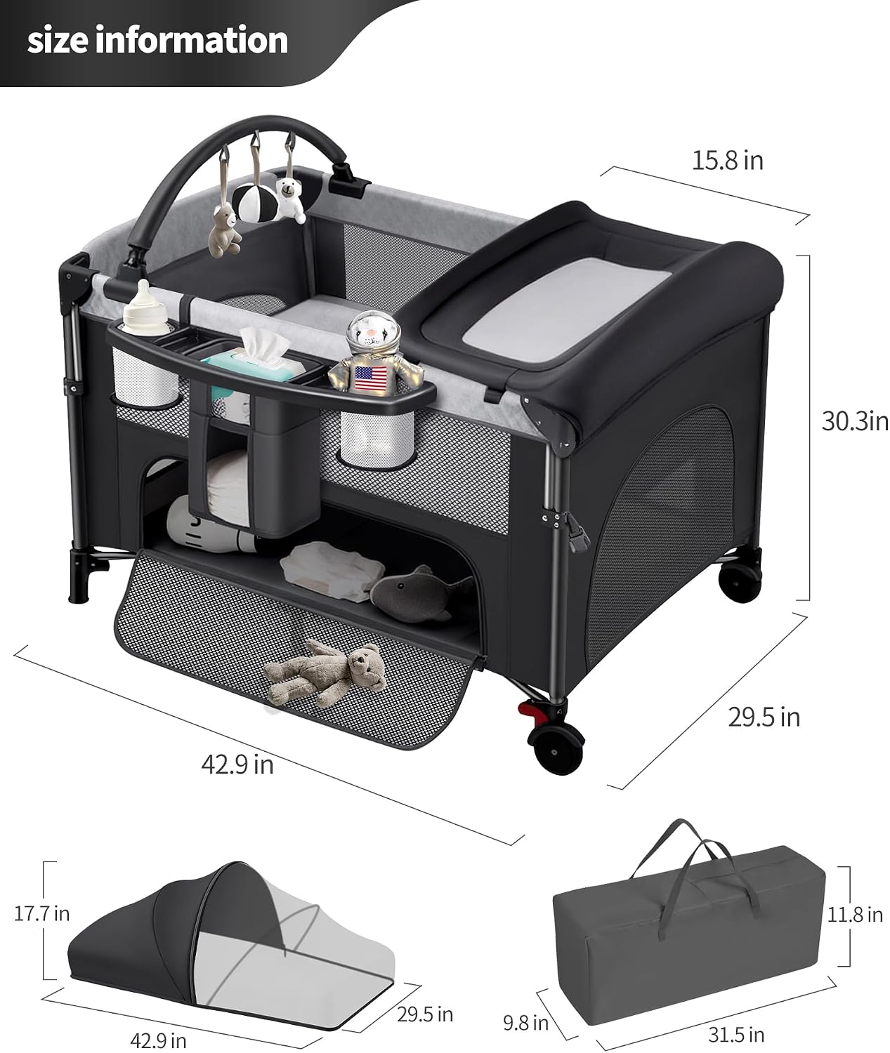 Thumbnail 3 de YoYiCuna 4-in-1 Pack and Play, Black, with Mattress and Mosquito Net