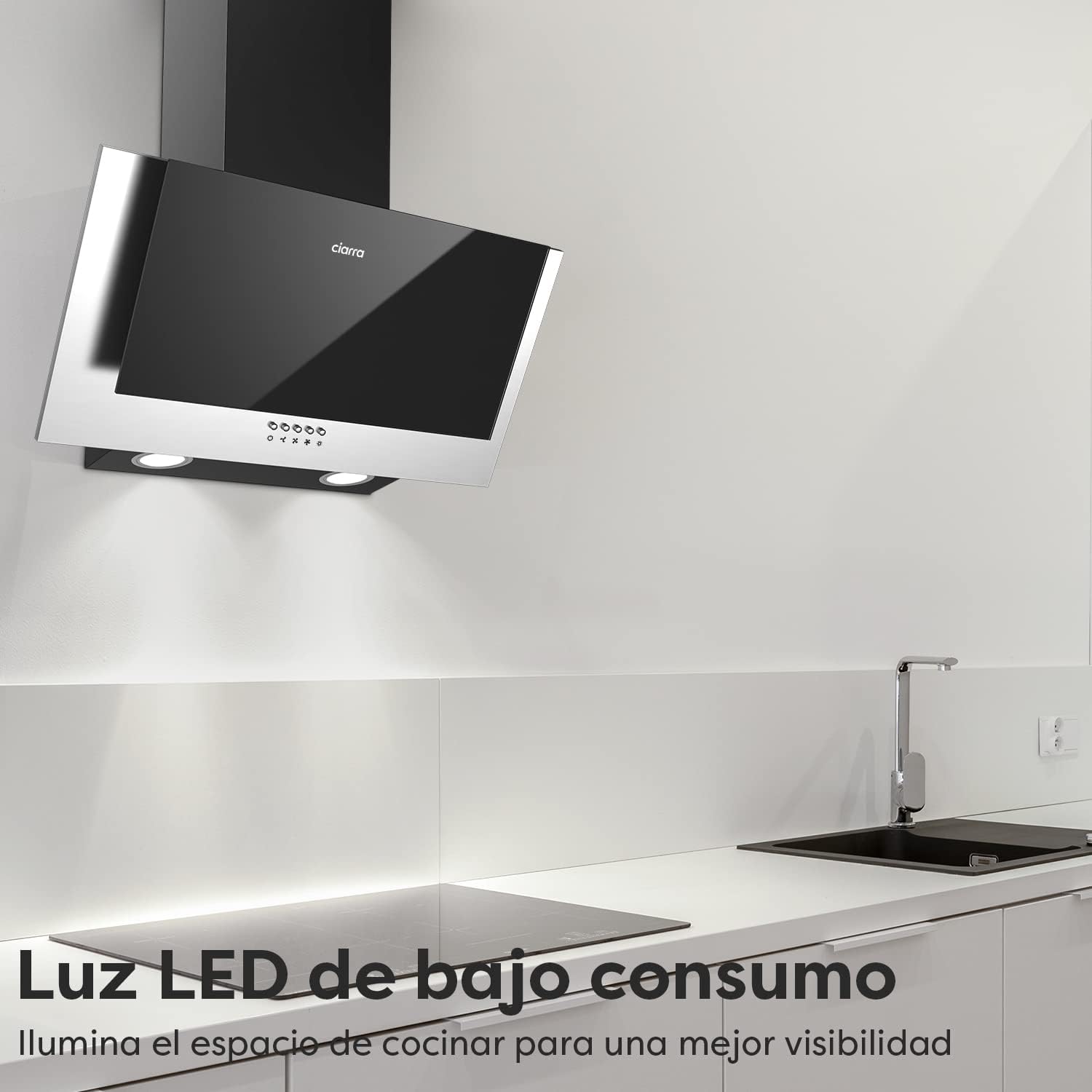 Thumbnail 2 de CIARRA Campana Extractora 60cm Extractor Cocina Clase A++ 350m³/h 3 Velocidades Potencia Recirculación Interna por Filtro de Carbono de Bajo Consumo Cristal y Acero inoxidable CBCB6736C