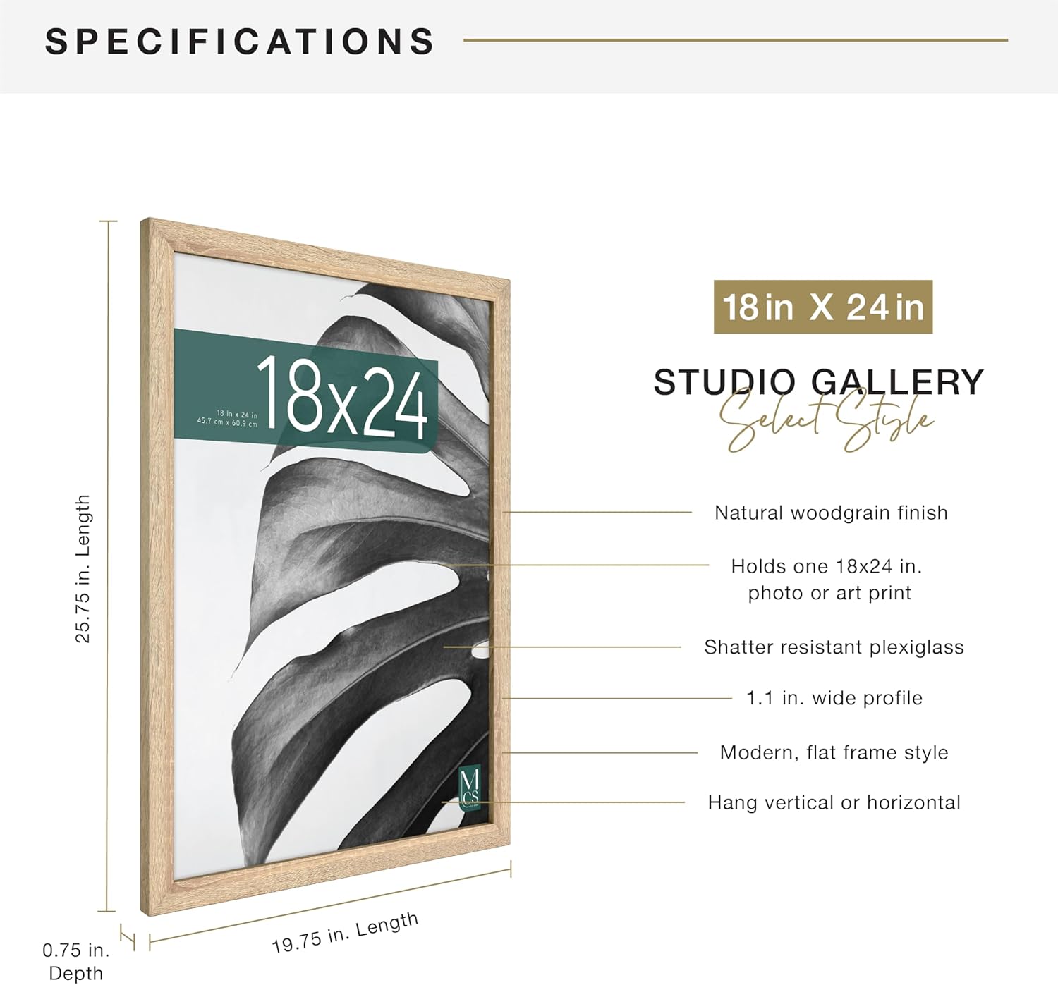 Detalle de MCS Cadre Poster Studio Gallery 45,7 x 61 cm – Cadre bois naturel MDF, fixation murale horizontale ou verticale