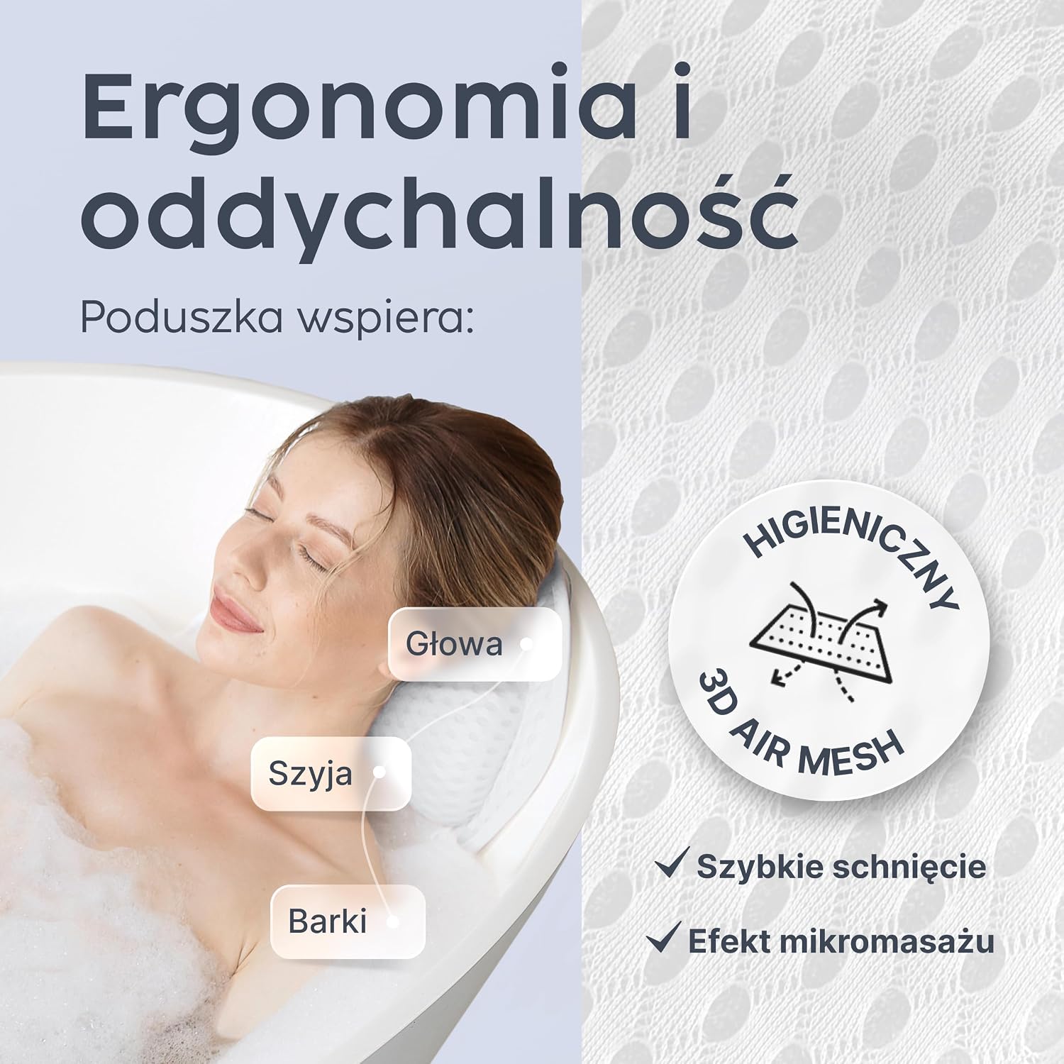 Detalle de Vesta+ BK-L-W – biała poduszka do wanny XXL, 6 przyssawek, siatka 3D