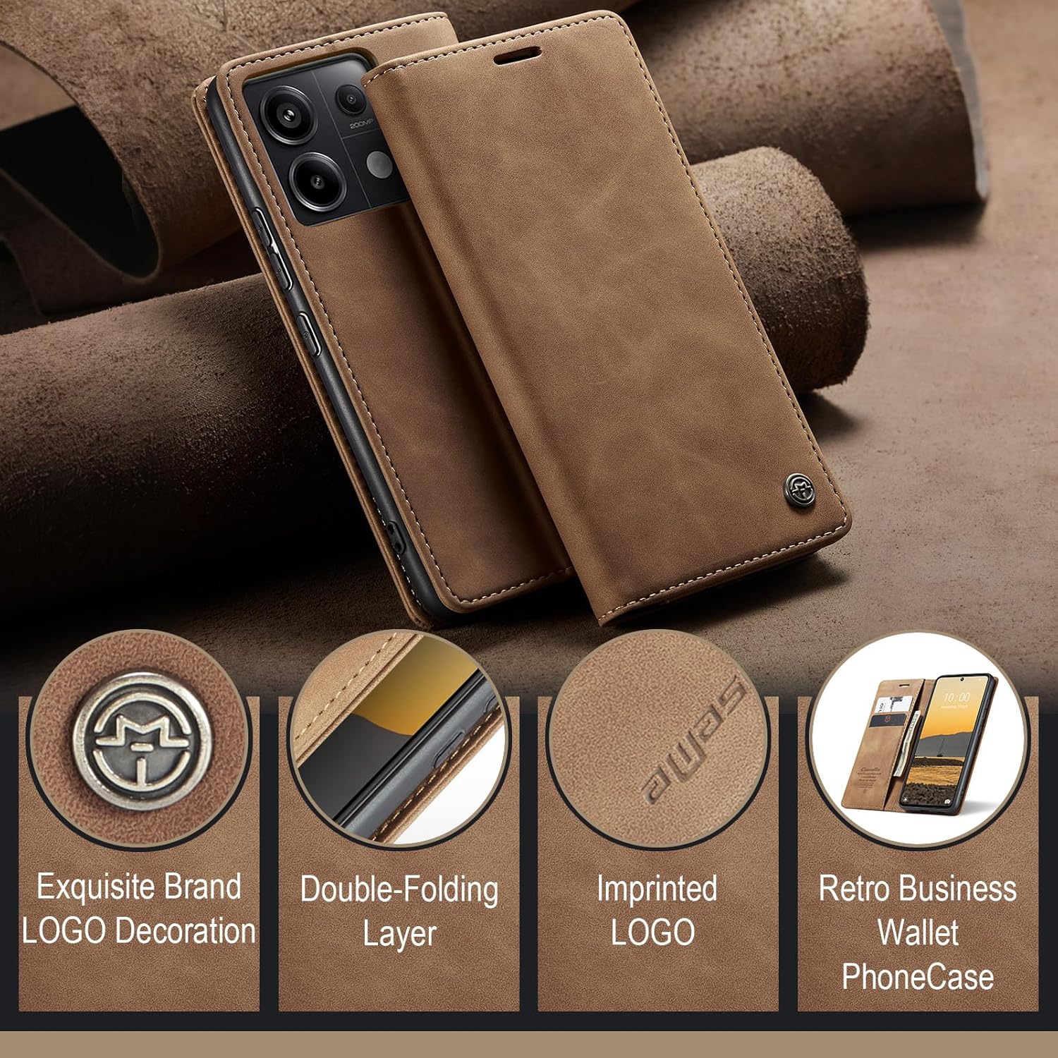 Thumbnail 2 de Monweicz Handyhülle für Xiaomi Redmi Note 13 Pro 5G – Premium Leder-Flipcase mit Magnetverschluss, Kartenfach & Standfunktion (braun)