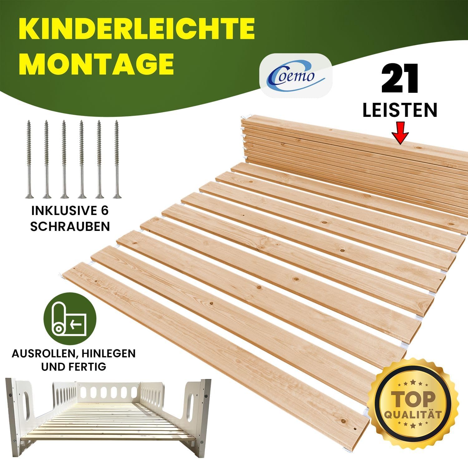 Detalle de Rollrost 80x190 cm – 20 Leisten, extra starker Lattenrost aus Massivholz