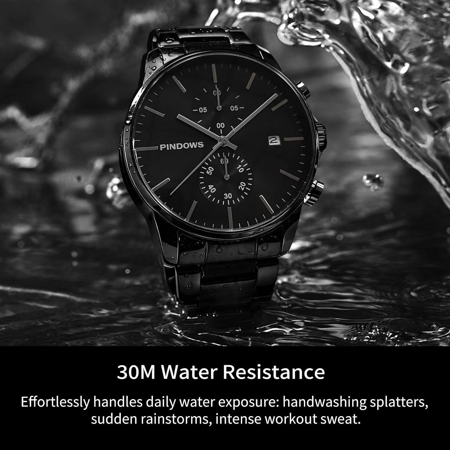 Detalle de PINDOWS Schwarze Herrenuhr: Minimalistischer Edelstahl Chronograph mit Datum, 3ATM wasserdicht