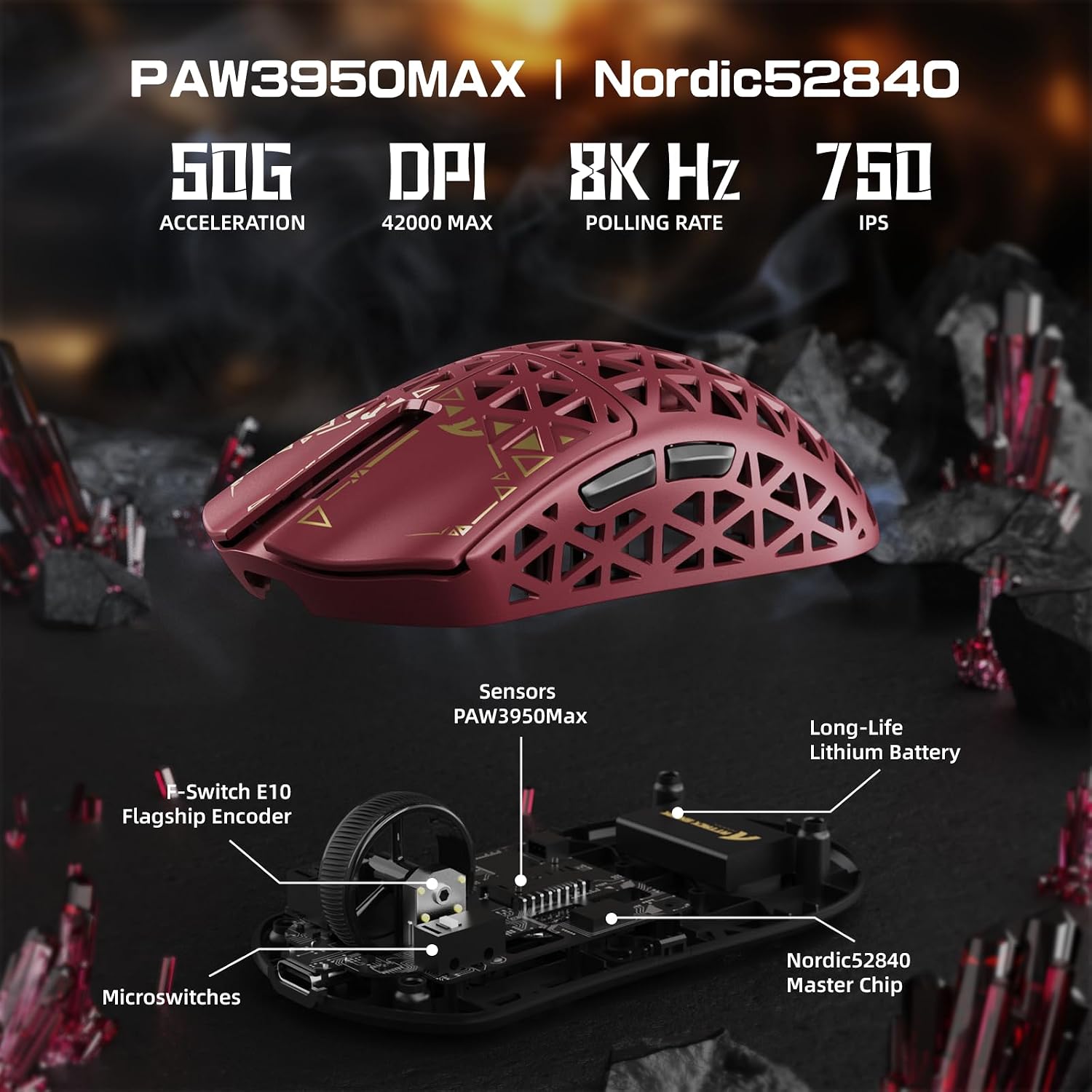 Detalle 2 de ATTACK SHARK R5 Ultra HyperSpeed Wireless Gaming Mouse (Ultra Carbon Fibre, PixArt PAW3950MAX, 8K, 2.4G/BT/USB-C) – Red