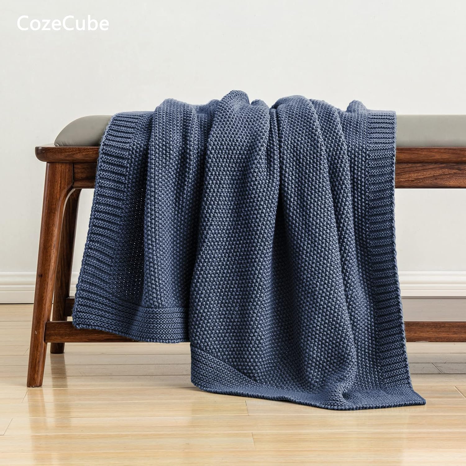 Thumbnail 3 de CozeCube Blue Throw Blanket (50"x60") Soft Cozy Cable Knit Style for Couch & Bed