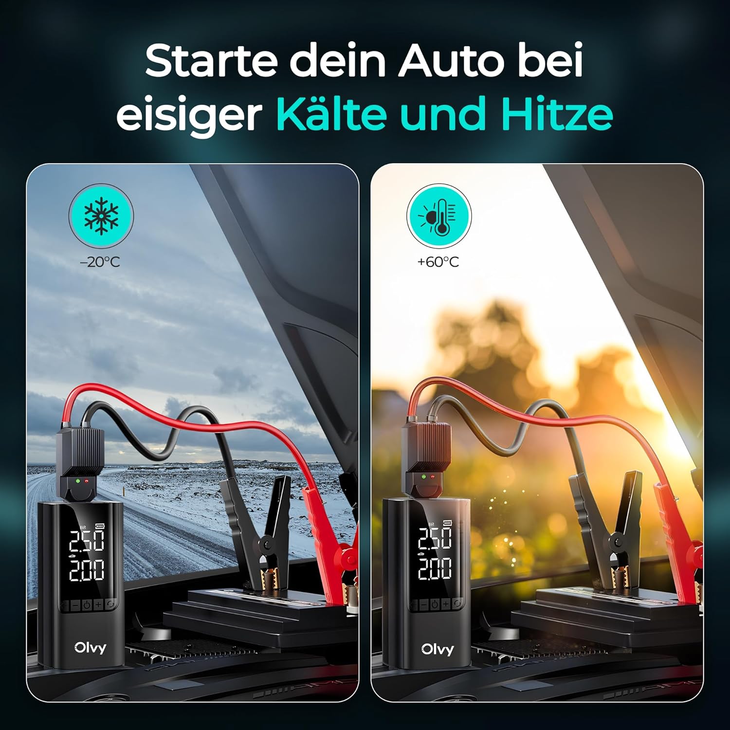Detalle de Olvy 4-in-1 Tragbarer Starthilfe-Booster mit Luftkompressor – 1500 A Spitzenleistung, 12000 mAh Powerbank
