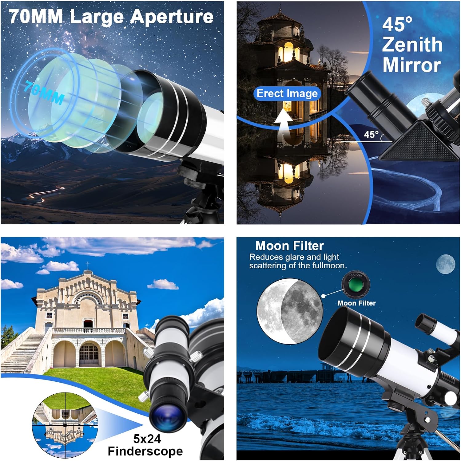 Detalle 2 de Misilmp Telescopio telescopico per adulti e principianti da 70 mm con cercatore 5x24, treppiede regolabile e accessori