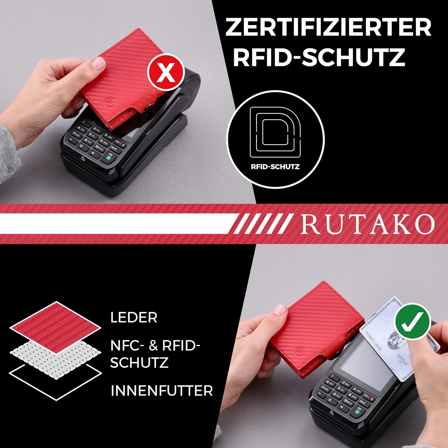 Thumbnail 2 de RUTAKO Slim Wallet mit RFID-Schutz – Kartenetui aus Nappa-Leder mit Scheinfach & Mini-Münzfach (Carbon-Rot)