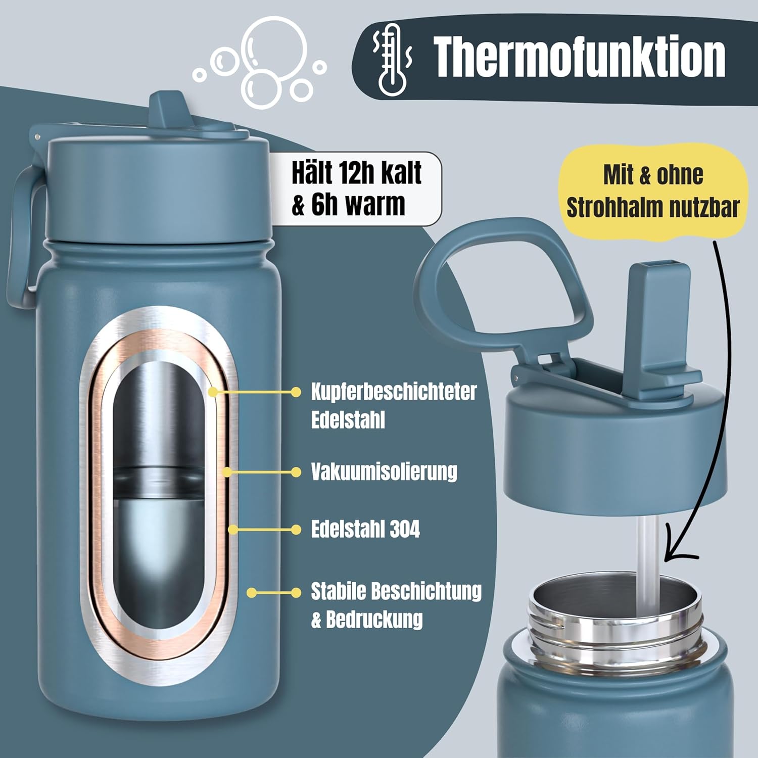 Detalle 2 de BEARFOOT Trinkflasche Kinder Edelstahl 400ml mit Strohhalm – BPA-frei, auslaufsicher, Blau (Bagger Affe)