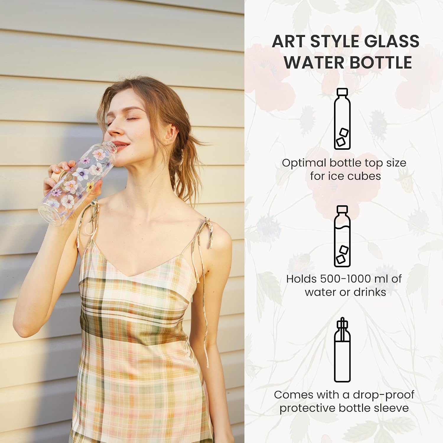 Detalle de Autsel Glass Water Bottle 500ml – Artistic Borosilicate Bottle with Protective Sleeve