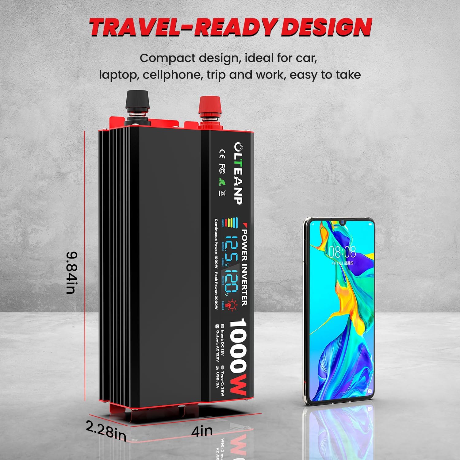 Thumbnail 6 de OLTEANP 1000 Watt 12V DC to 110V/120V AC Car Power Inverter with LCD, 2 AC Outlets, USB-C (36W) and USB-A (5V/3A)