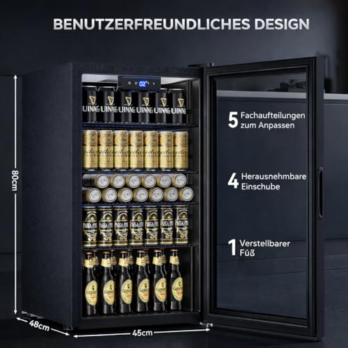 Detalle de TRIUMPHKEY 86L Getränkekühlschrank – frostfrei, 4 Ablagen, 130 Dosen, Glasfront