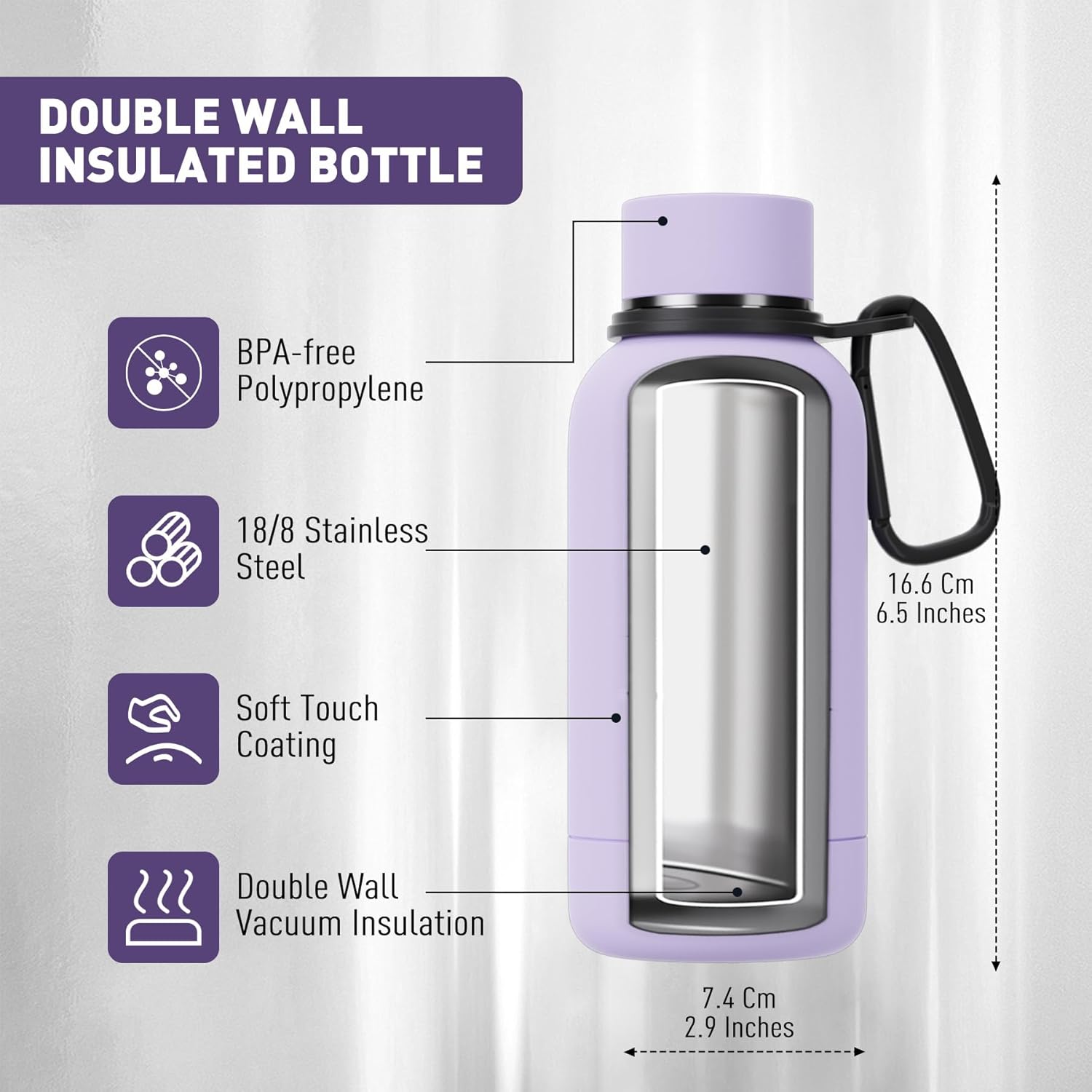 Thumbnail 2 de Exllena Exllena Water Bottle 350ml with Clip – Double Wall Vacuum Insulated (Purple, BPA free)