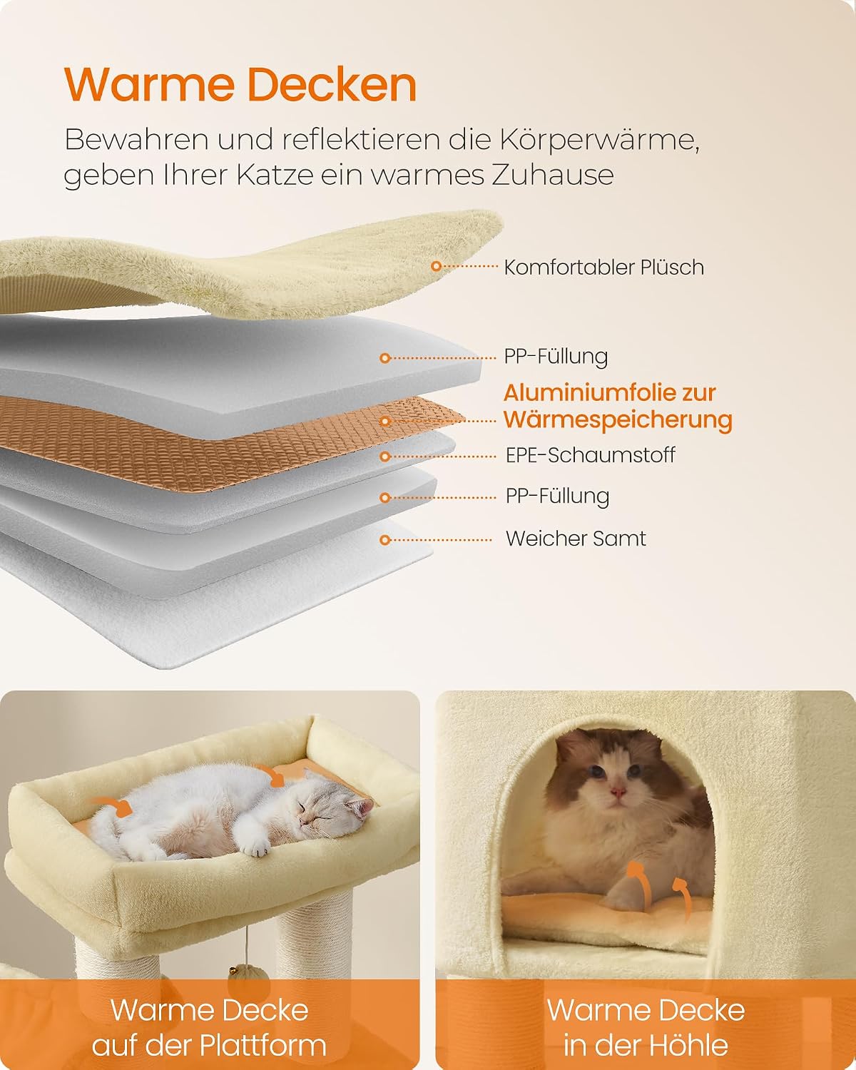 Detalle de Feandrea Kratzbaum PCT003Y01 mit warmen Decken, 50 x 50 x 160 cm und 2 Katzenbürsten