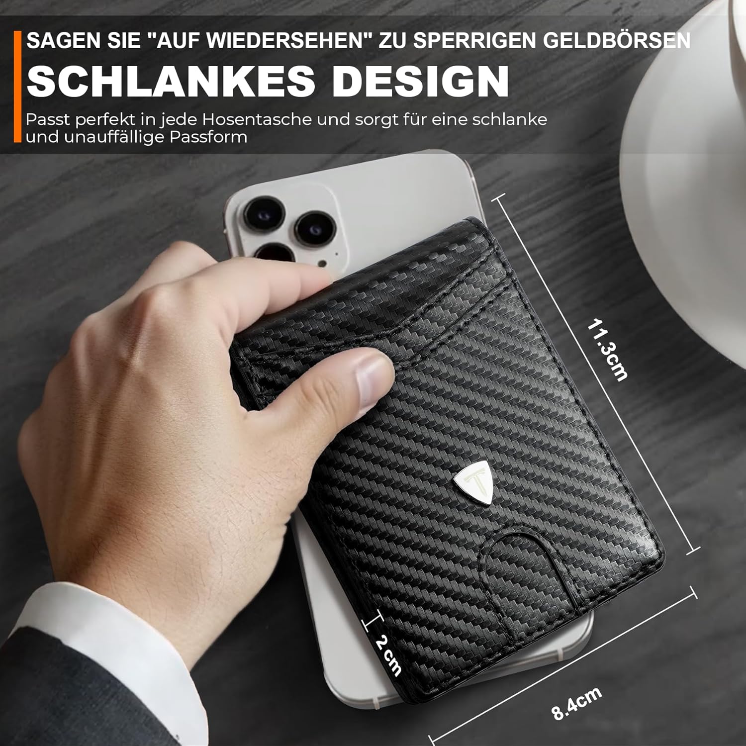 Detalle 2 de TEEHON Geldbörse Herren Slim Wallet RFID Blocking aus Carbonfaserleder – 11 Karten, Ausweisfenster, Geldscheinklammer