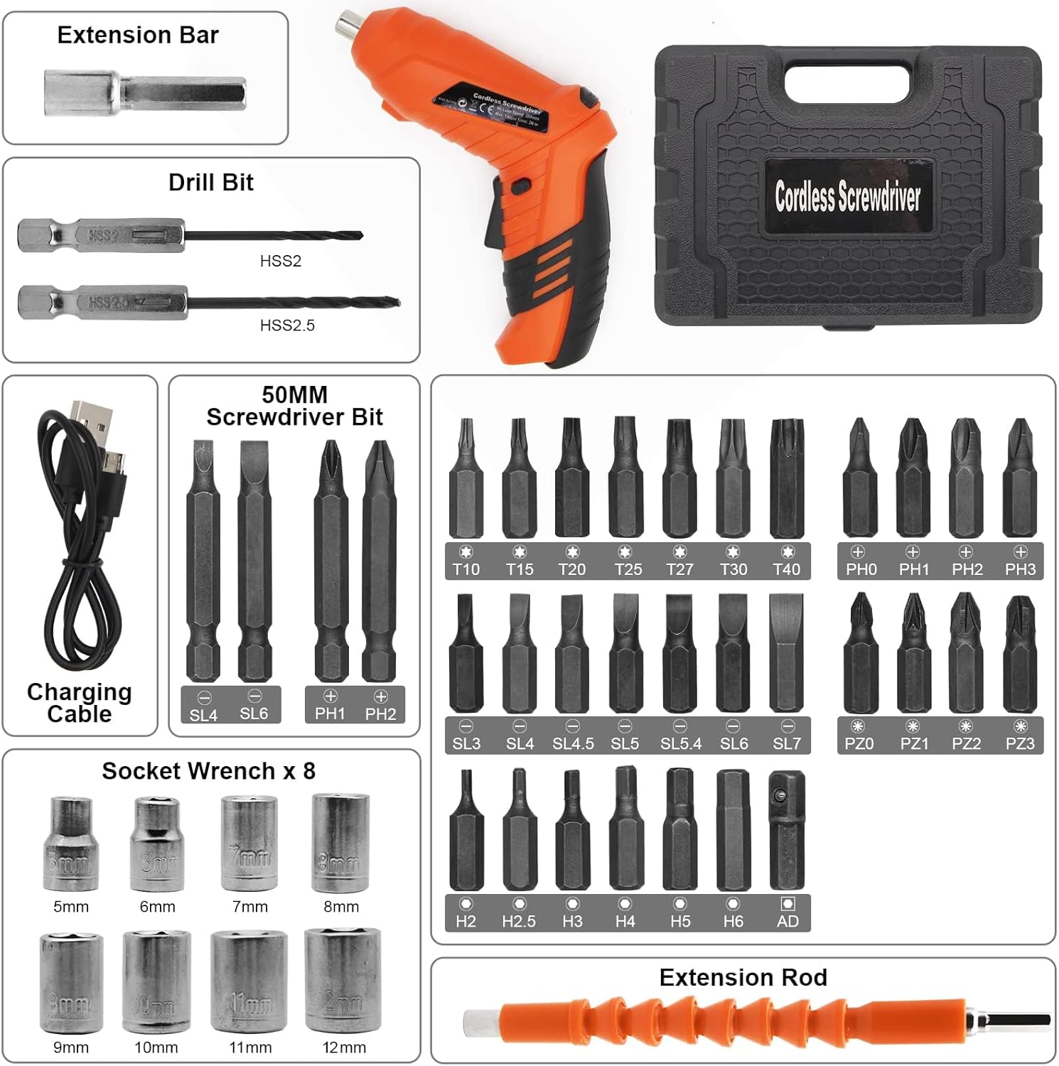 Thumbnail 4 de Electric Drill Screwdriver 49-in-1 Portable Cordless Set with LED Worklight and Rotatable Handle