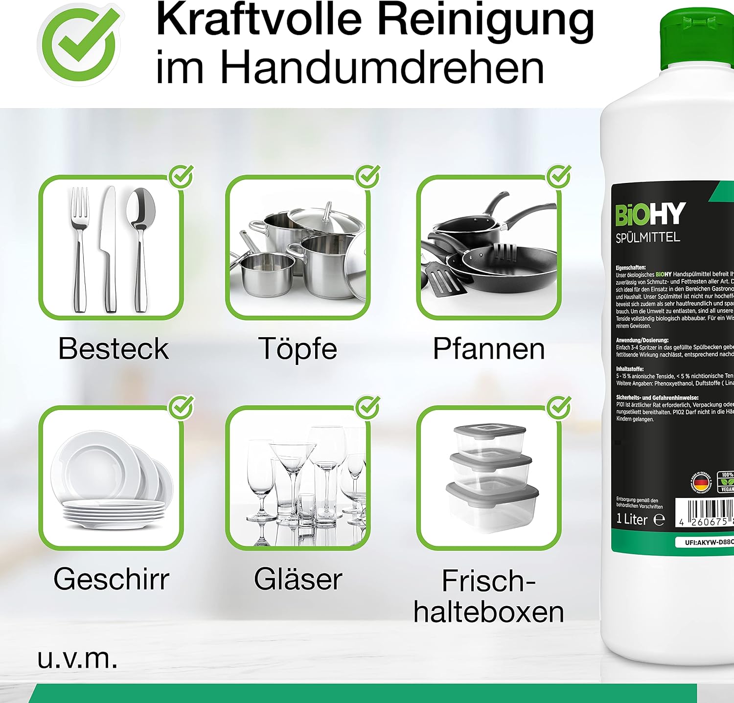 Detalle de BIOHY Afwasmiddel, 500 ml – citroengeur, biologisch afbreekbaar en microplasticvrij