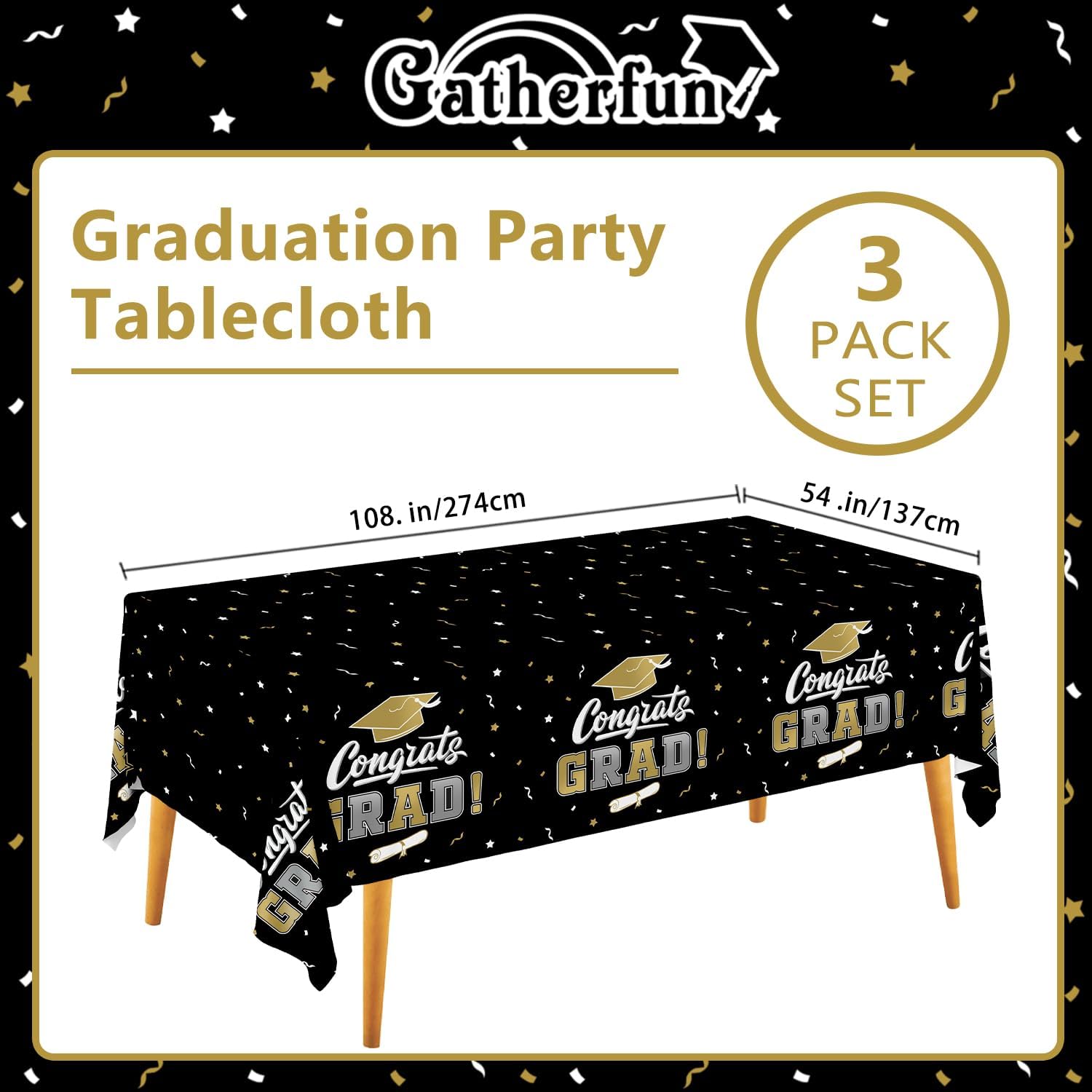 Thumbnail 1 de Gatherfun Graduation Decorations Gongrats Grad Tablecover Set (Class of 2026), 3-Pack 54" x 108" Black & Gold