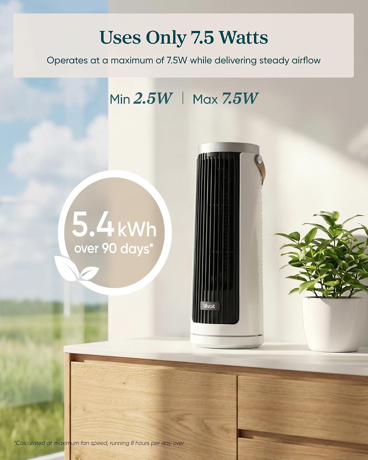 Detalle de LEVOIT Tower Fan for Bedroom — Quiet 20dB DC Motor Bladeless Tower with 5 Speeds, 12H Timer, Remote