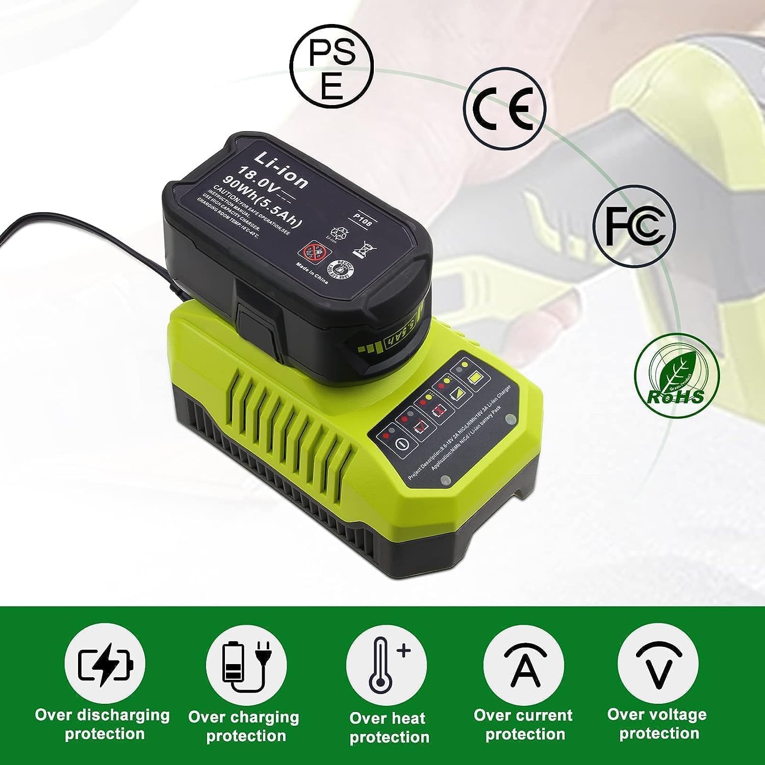 Thumbnail 4 de 2x RB18L50 18V 5.5Ah Compatible Ryobi Batteries + BCL14181H Charger