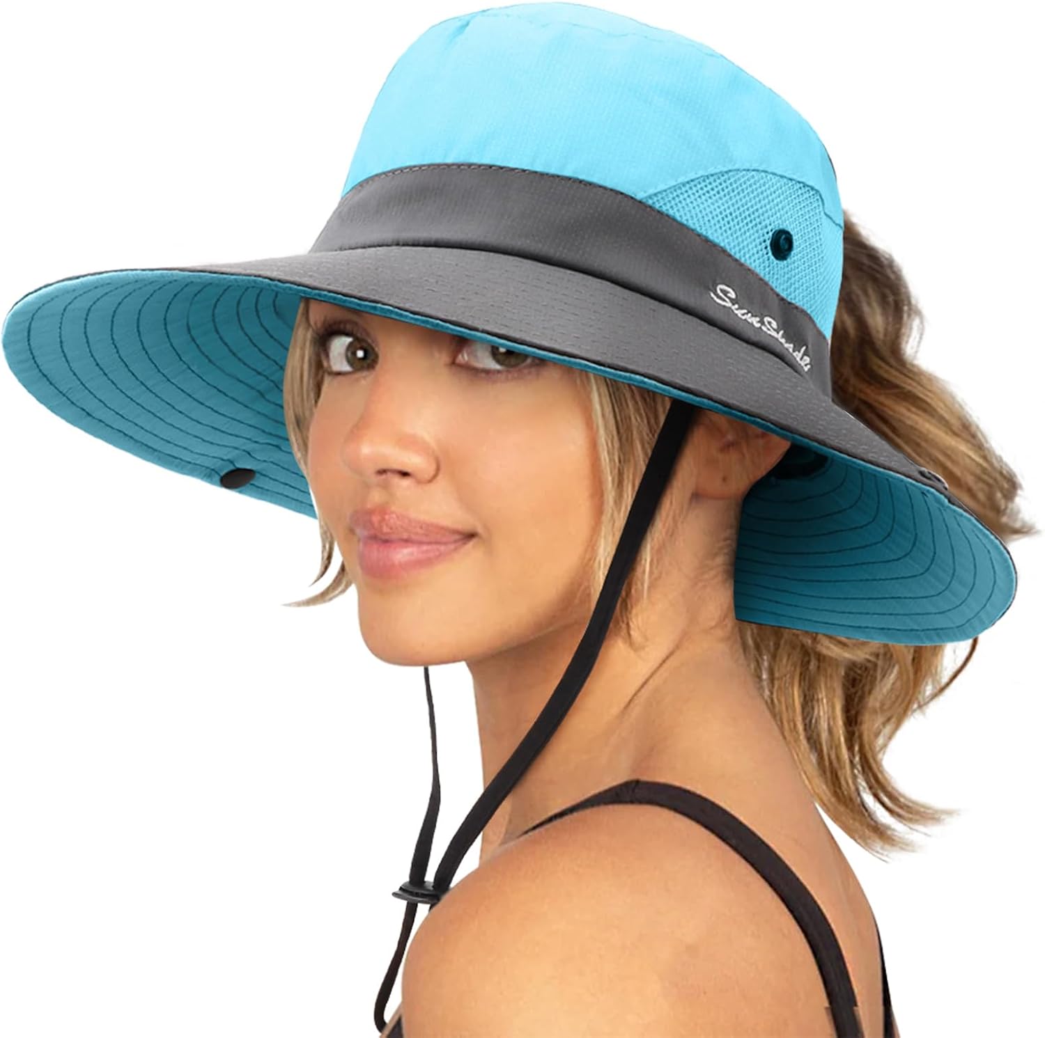 Detalle de DRESHOW Damen Sonnenhut – UV-Schutz, faltbar, Mesh, Pferdeschwanz Öffnung