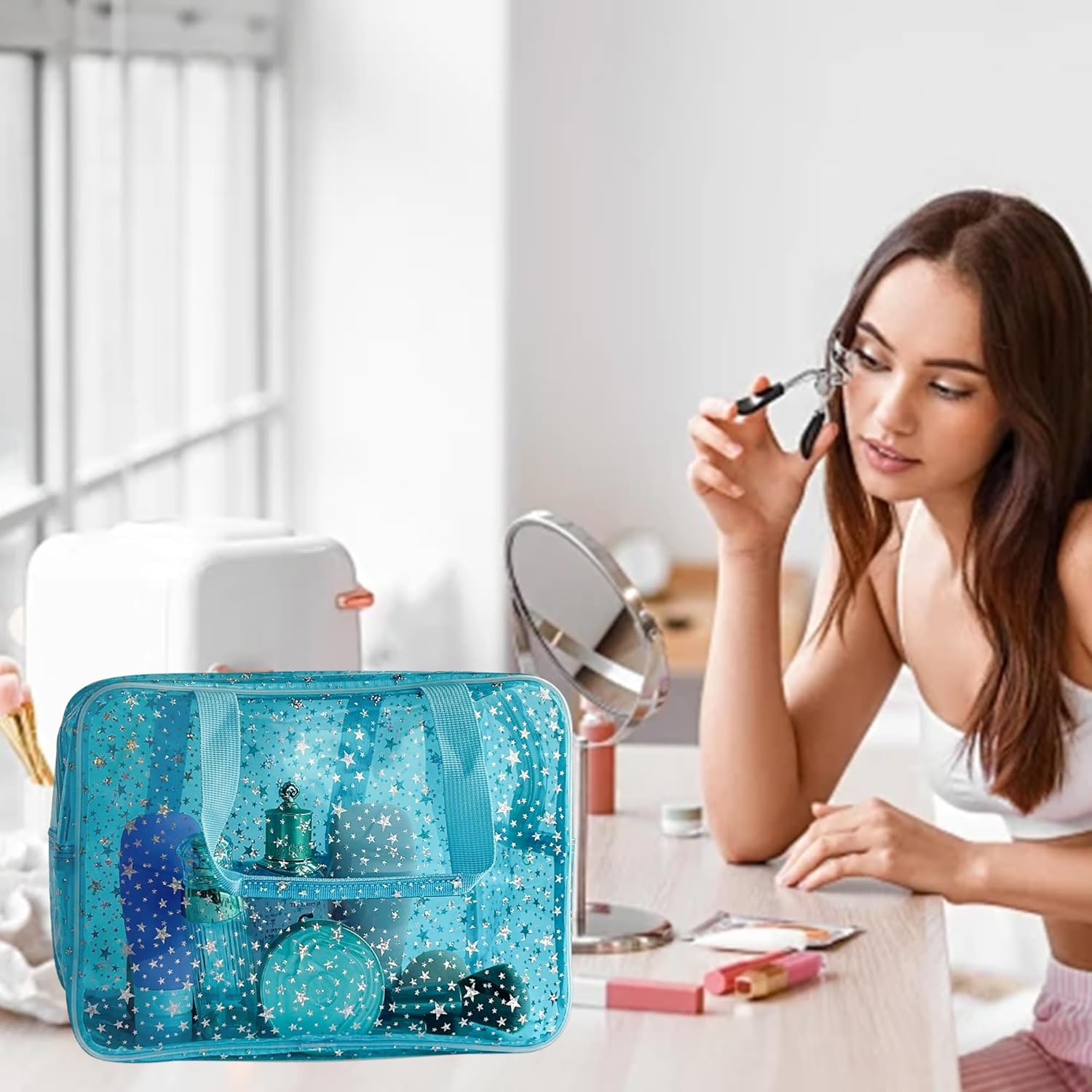 Detalle de TotePrint Kosmetiktasche Sternmuster Blau – wasserdicht aus PVC für Reisen