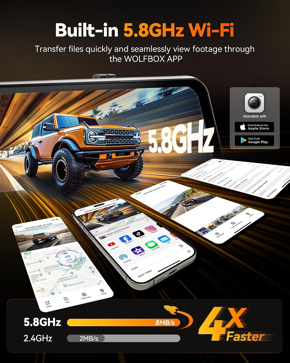 Detalle de WOLFBOX G900 Tripro 3-Channel Cabin Mirror Dash Cam (Version 3) with 4K + 2.5K + 1080P, 8MP STARVIS Night Vision and 256GB