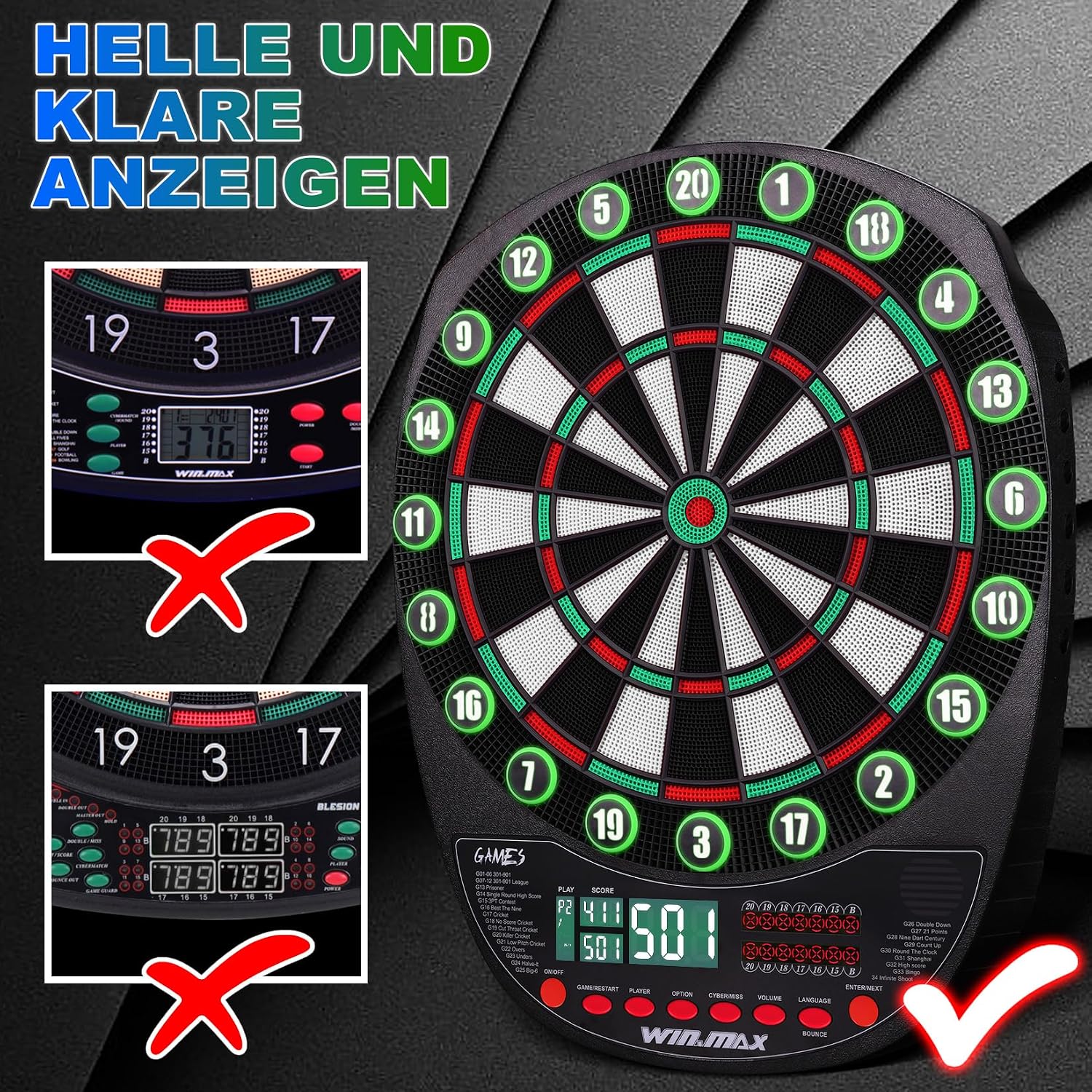 Thumbnail 6 de WIN.MAX Elektronische Dartscheibe Profi Set – 34 Games mit 354 Varianten, 3 Sprachen (DE/EN/FR) und Platz für 12 Darts
