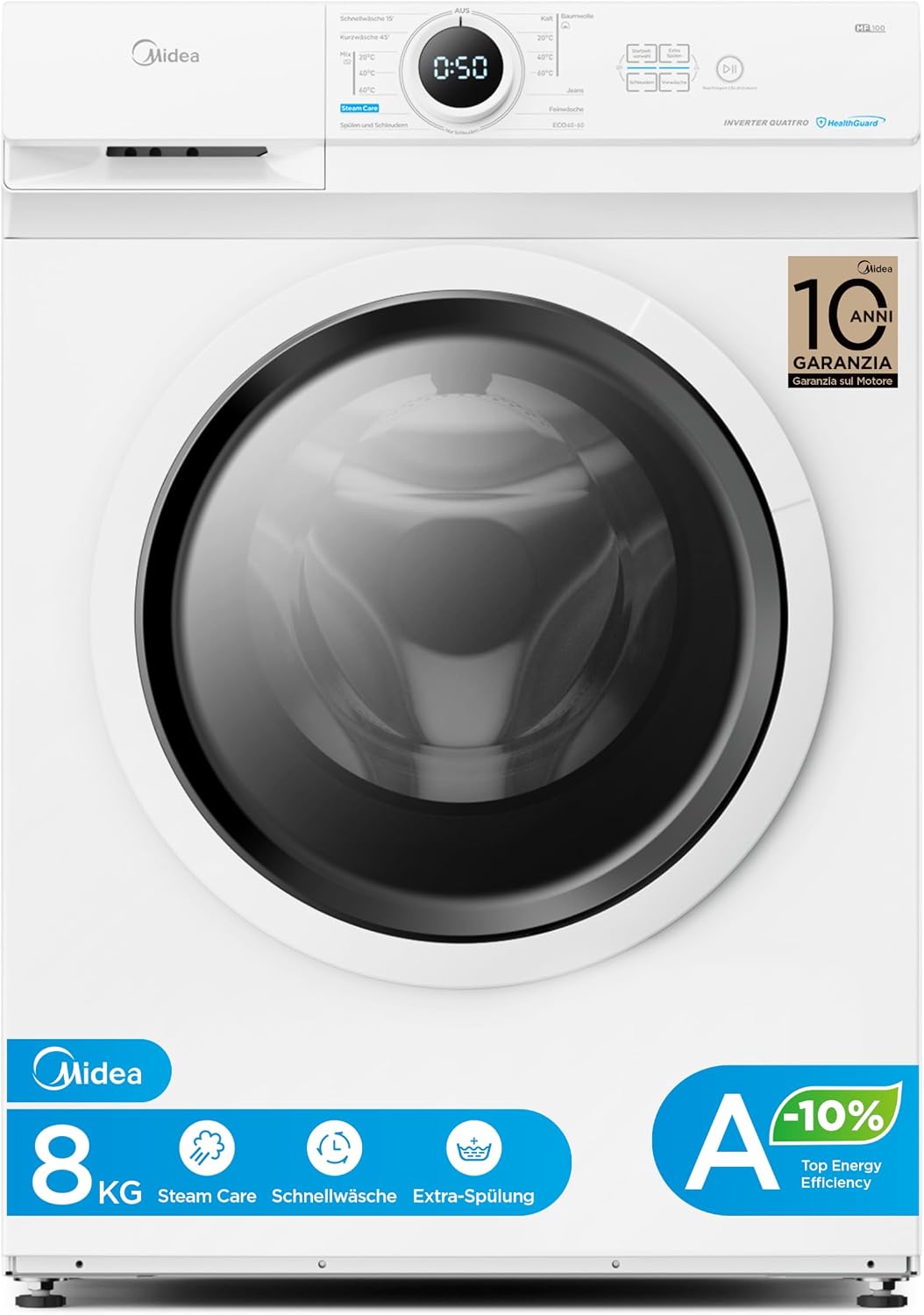 Detalle de Midea MF10EW80BA10 – 8 kg Waschmaschine, Energieklasse A-10%, 1400 U/min, Weiß