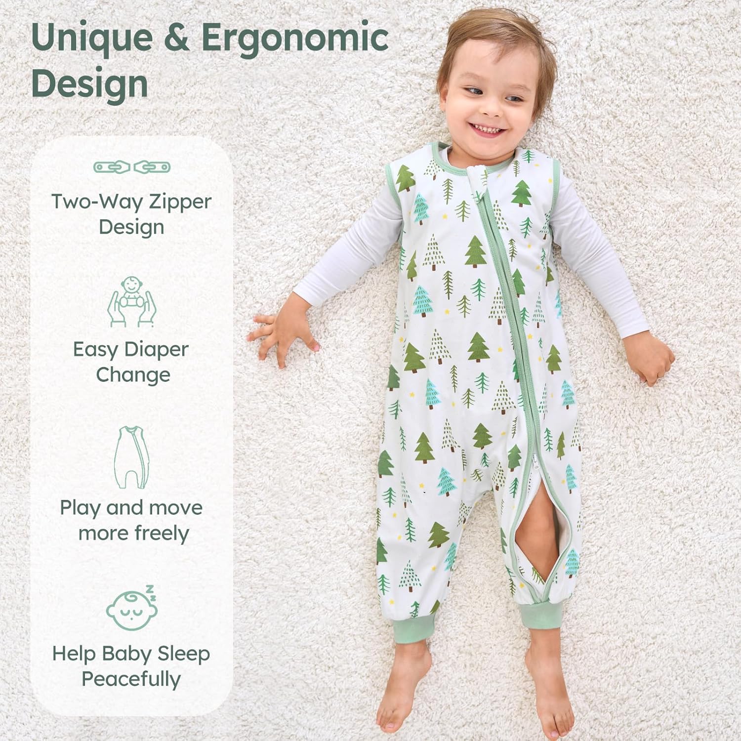 Thumbnail 3 de Unnivoll Baby Schlafsack mit Füßen 1,0 Tog – 80 cm, Baumwolle, Zweierpack, grün, für Jungen & Mädchen