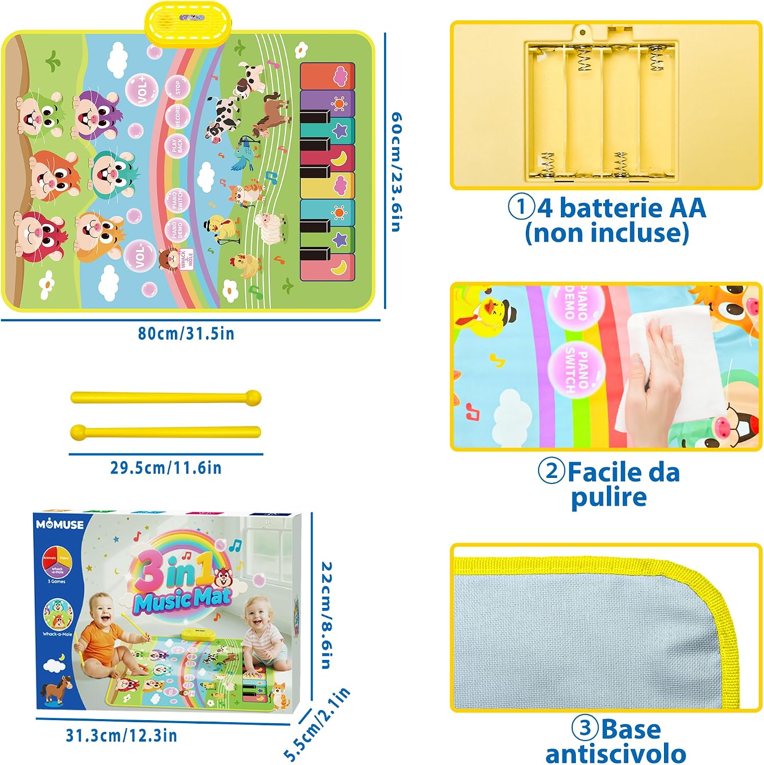 Detalle de MOMUSE Tappeto Musicale con Gioco Colpisci la Talpa 3 in 1 – Tappeto Pianoforte per Bambini 1–5 anni