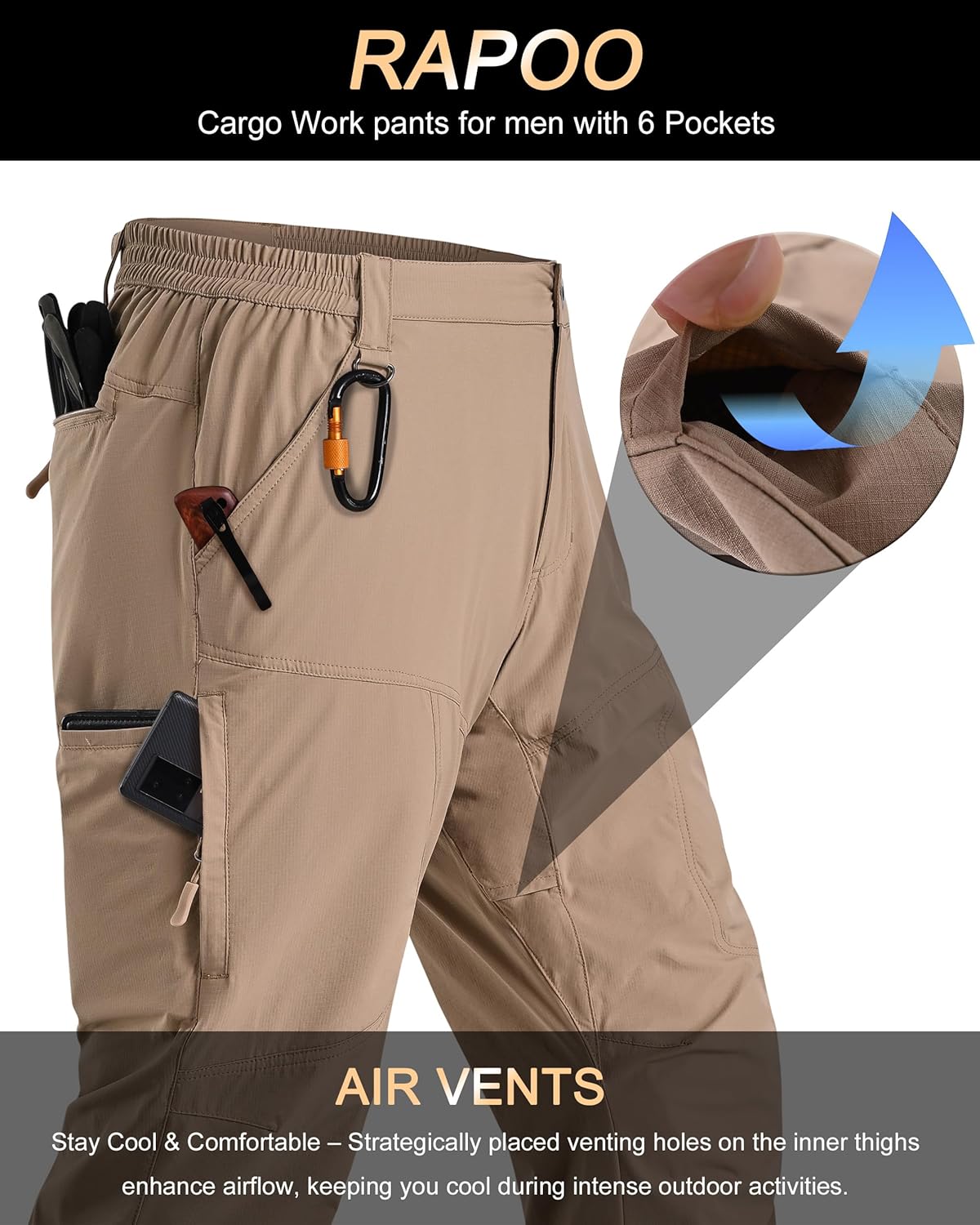 Thumbnail 1 de Rapoo Men's Hiking Pants: Lightweight, Water-Resistant Nylon Cargo with 6 Pockets