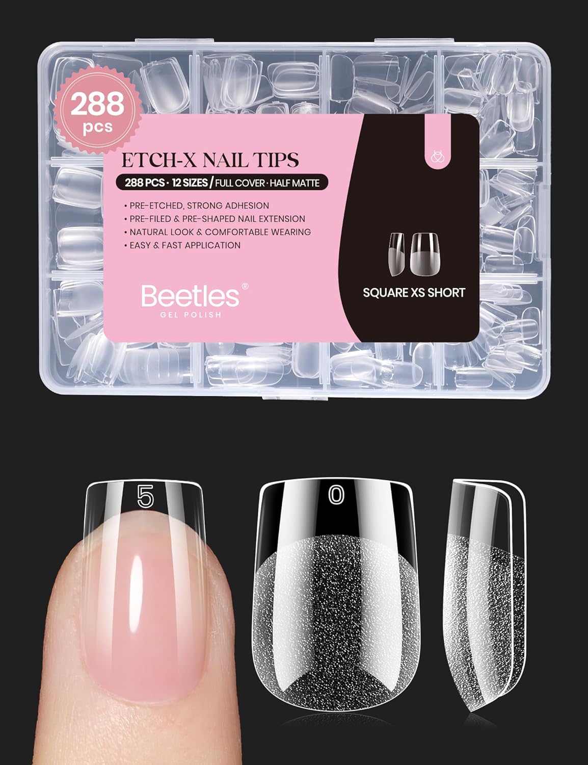 Detalle de Beetles Nagelspitzen extra kurze quadratische 288 Stück – 12 Größen, halbmatt, Klebenägel for DIY-Maniküre