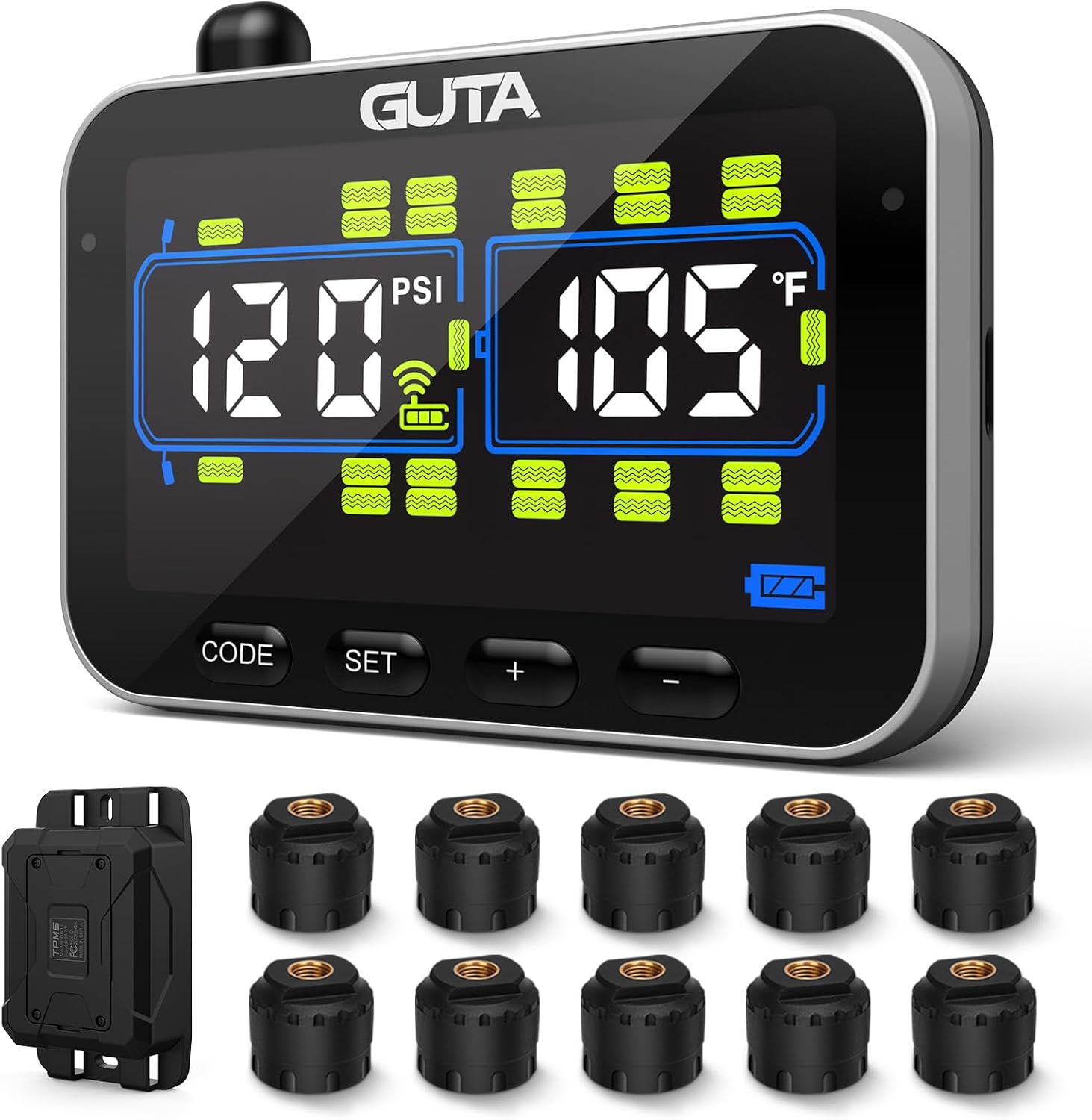 GUTA Trailer Tire Pressure Monitoring System (RV TPMS) with 10 Sensors, 6 Alert Modes, Signal Booster, Large Color Display