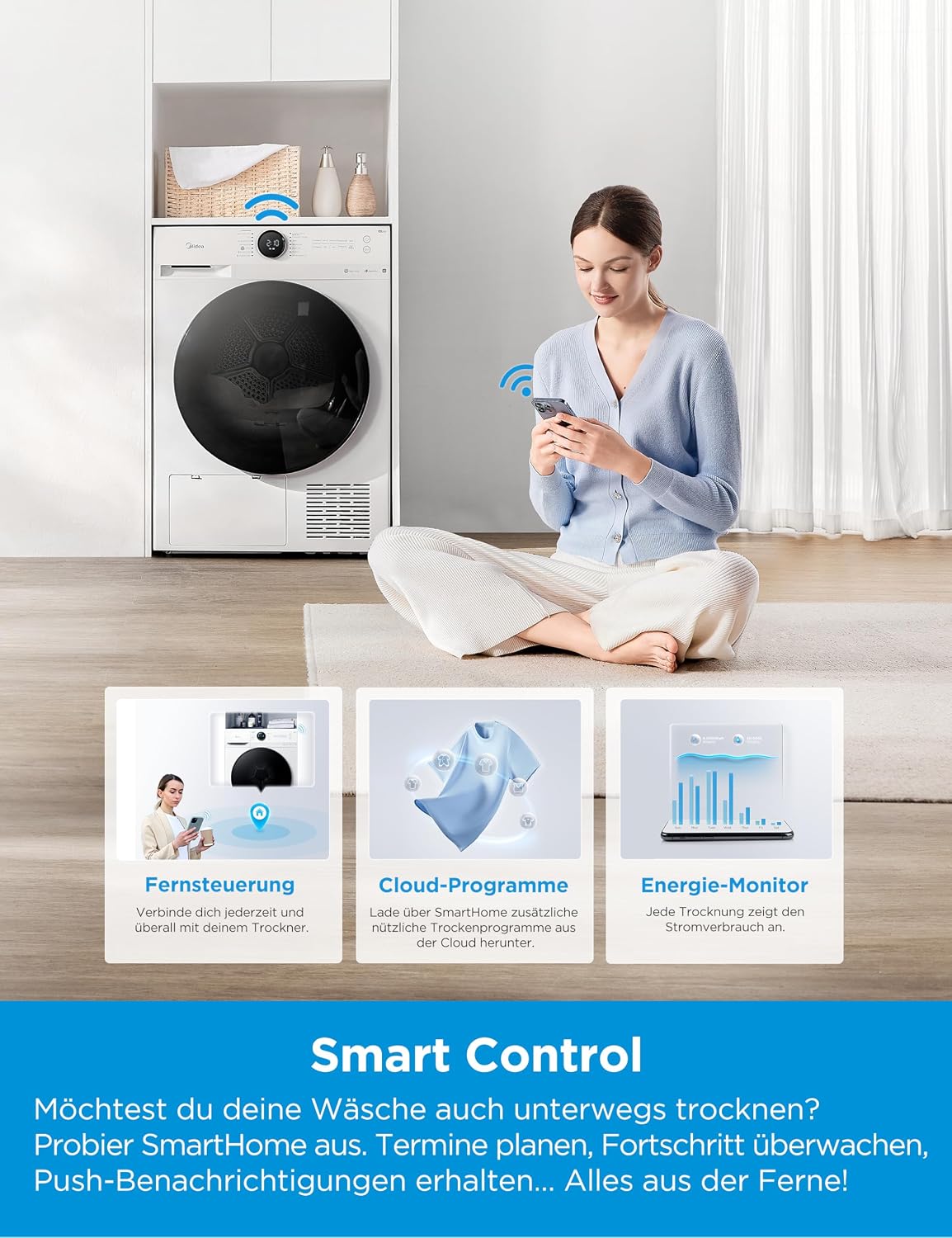 Detalle de Midea Wärmepumpentrockner 8 kg MD20EH80WB-A3 – Energieklasse C, Fernsteuerung