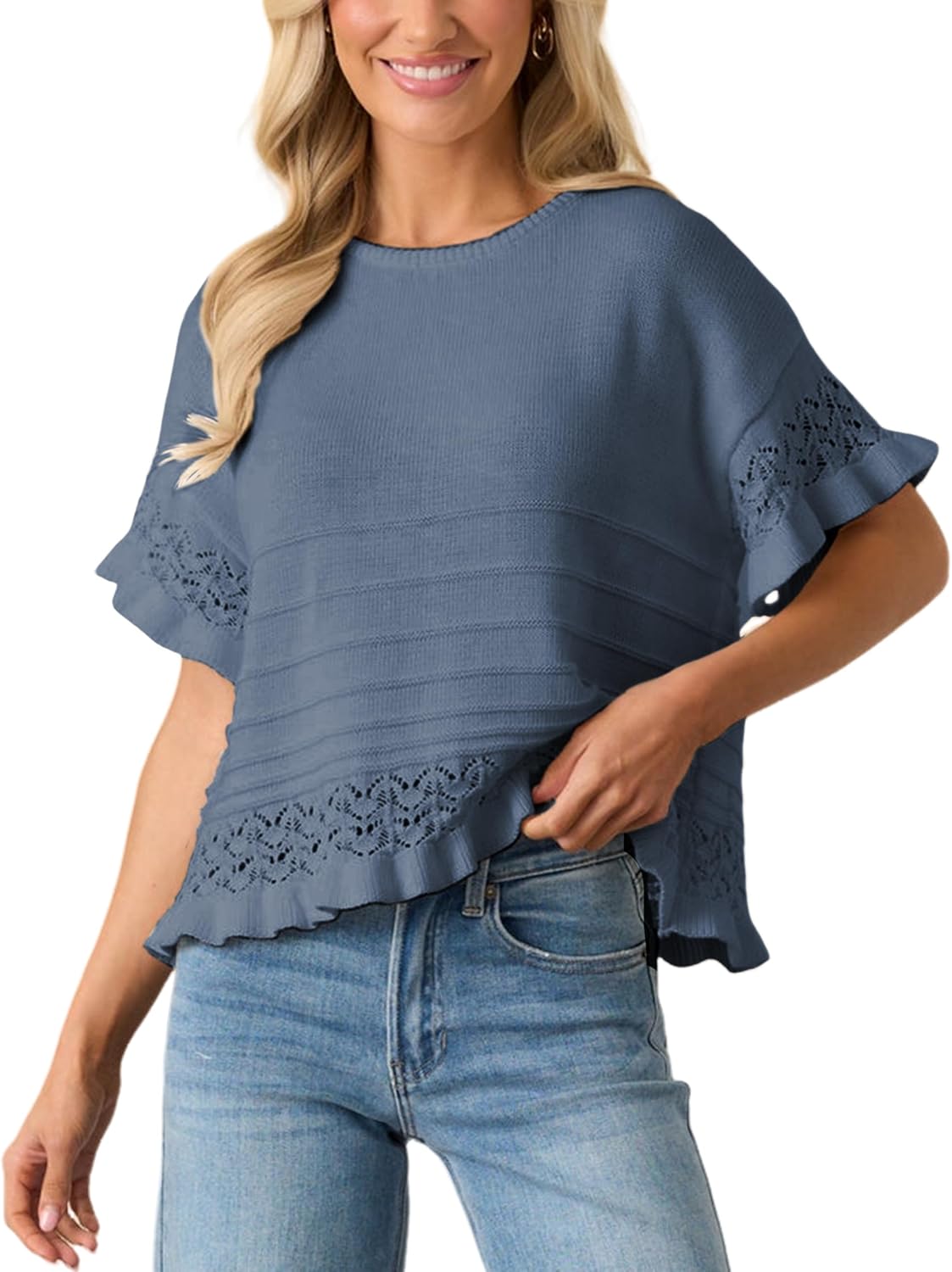 Detalle de Yeokou Womens Short Sleeve Knit Crochet Pullover with Round Neck and Ruffled Hem