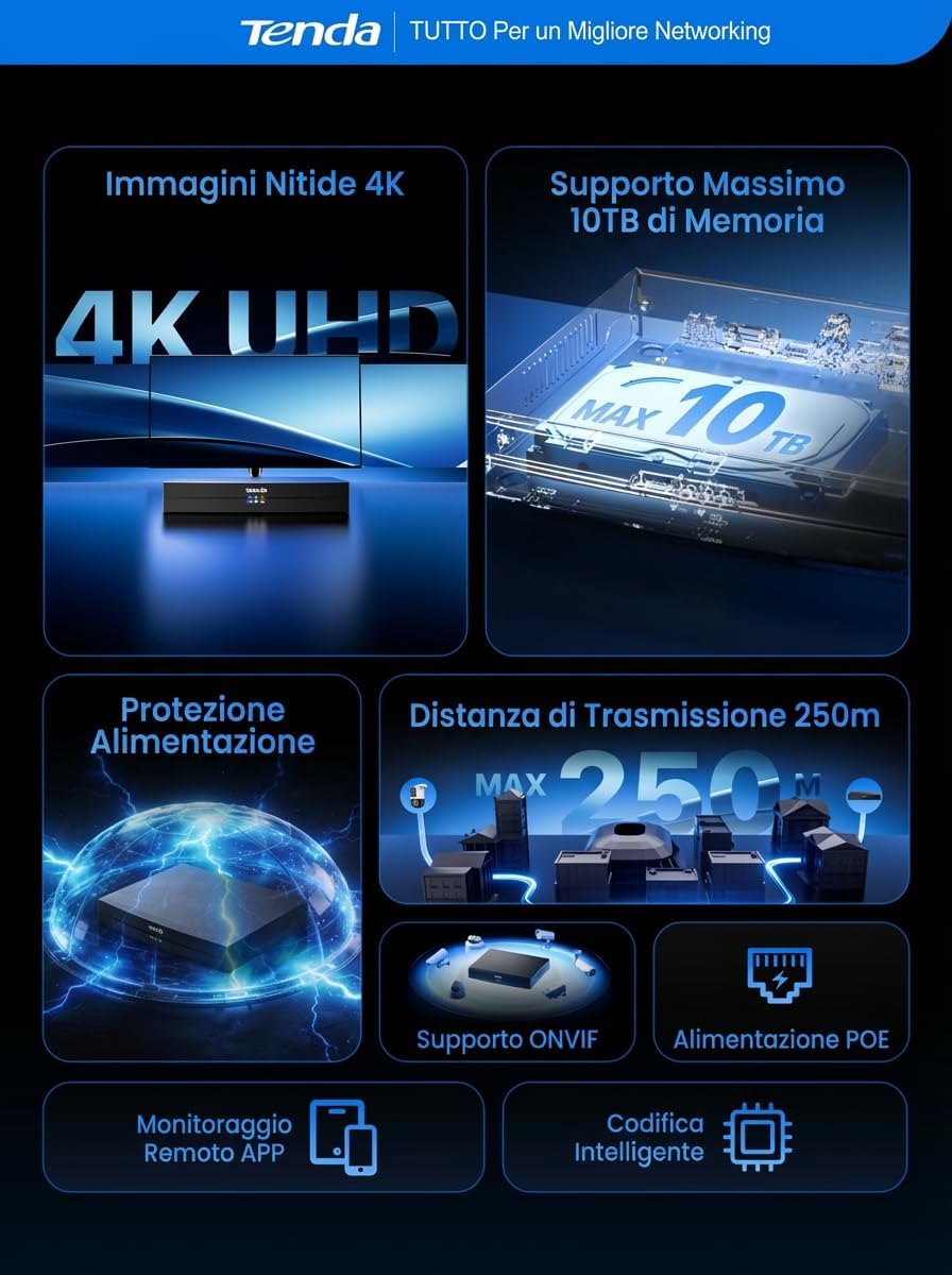Thumbnail 1 de Tenda TN3108-8P NVR 4K 8CH PoE con registrazione H.265+, trasmissione 250 m e app di controllo remoto