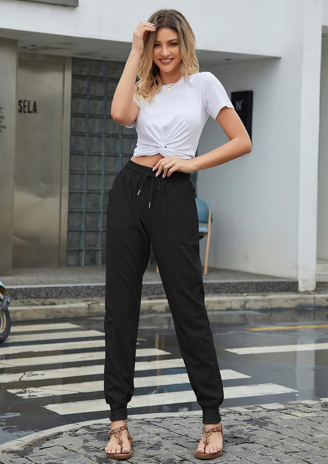 Thumbnail 4 de Hose Damen Sommer Casual: Baumwoll-Rayon-Leinen Stoffhose mit Stretch, 7/8-Länge, Straight Leg