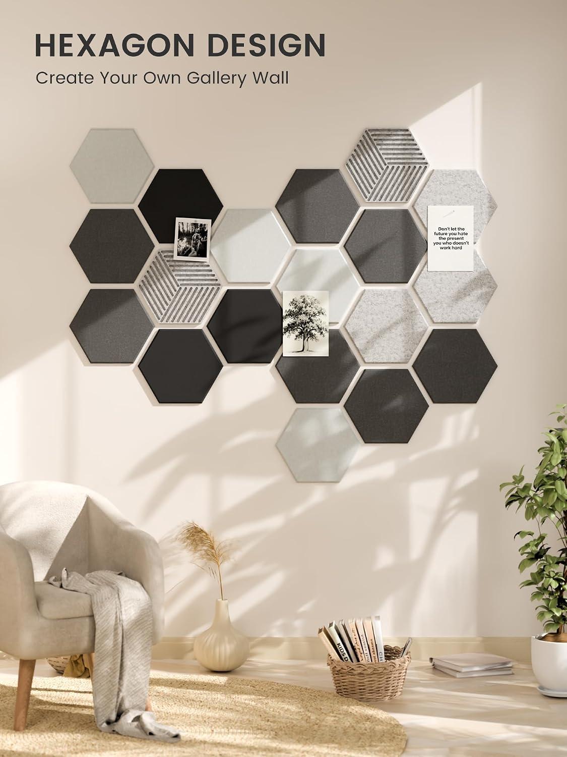 Thumbnail 6 de Fluxynara FZBHEXM-H-10-PL-BW Hexagon Felt Bulletin Board Tiles, 10-Pack