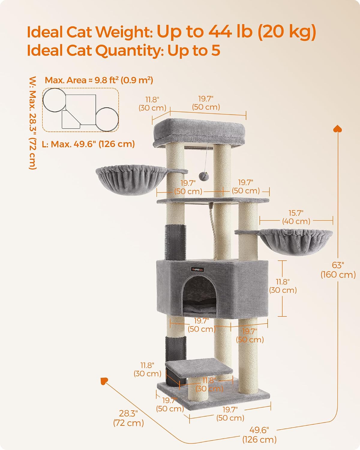 Detalle 2 de Feandrea CLAWFY PCT003N01 Cat Tree, 160 cm, 9 Sisal Scratching Posts