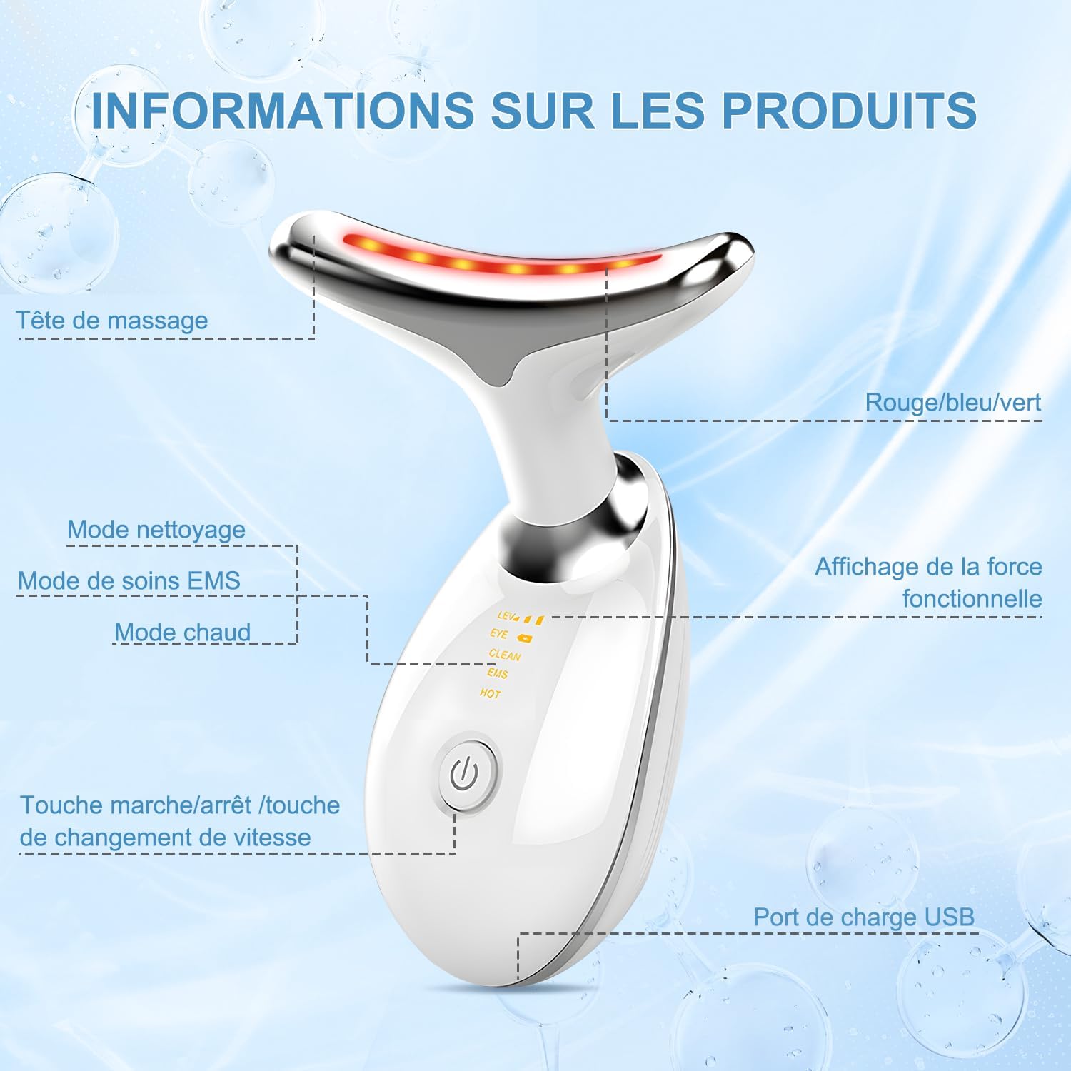 Detalle 2 de Appareil anti-rides visage 3 modes EMS, chauffant 45°C