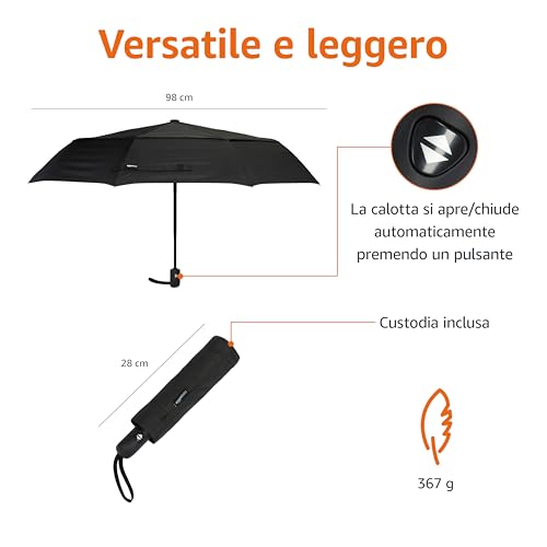 Detalle de Amazon Basics Ombrello da viaggio compatto automatico antivento, 28 cm, nero