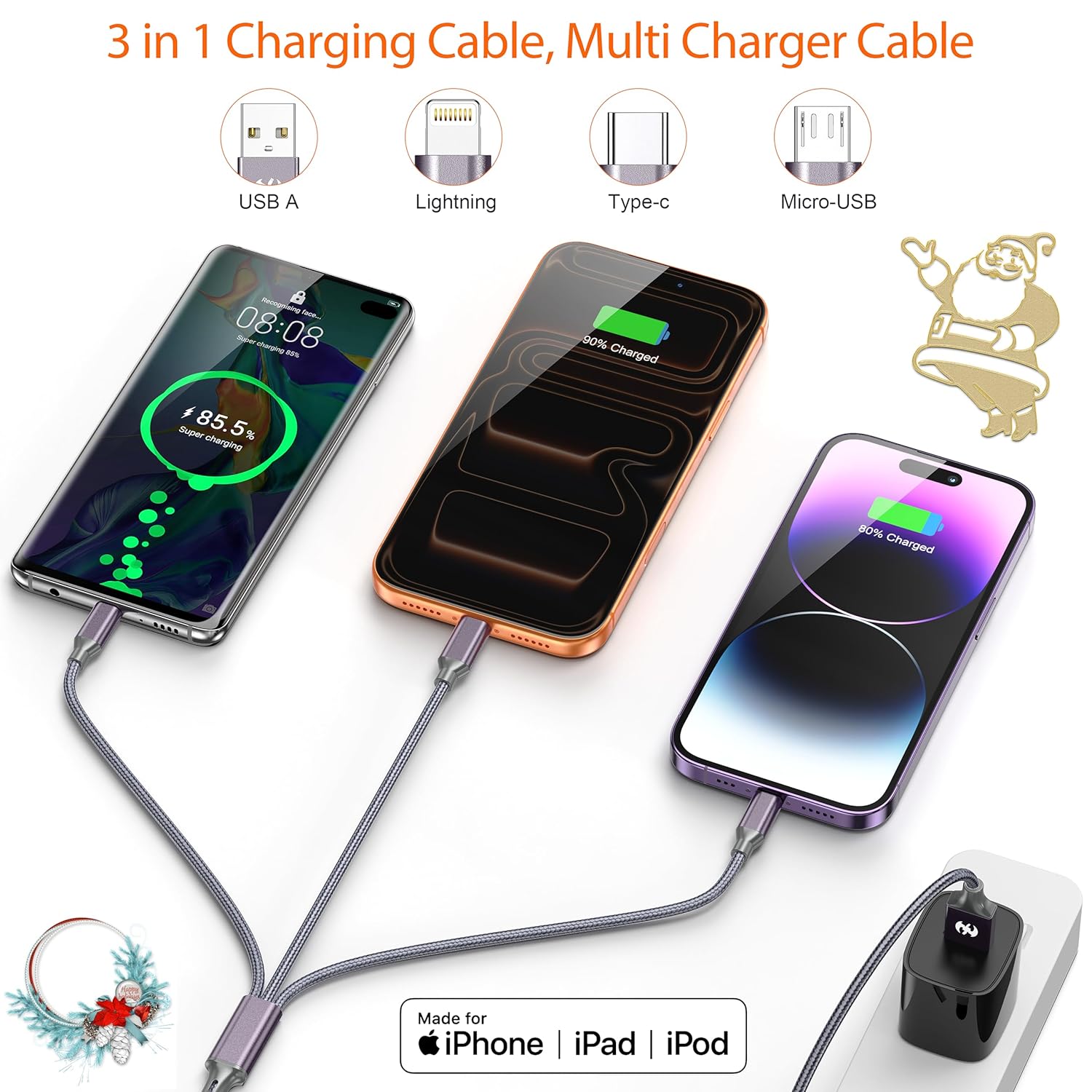 Thumbnail 3 de Multi Charging Cable (10ft 2-Pack) – 3-in-1 USB Charger Cord for Type-C, Micro USB, and Lightning Devices