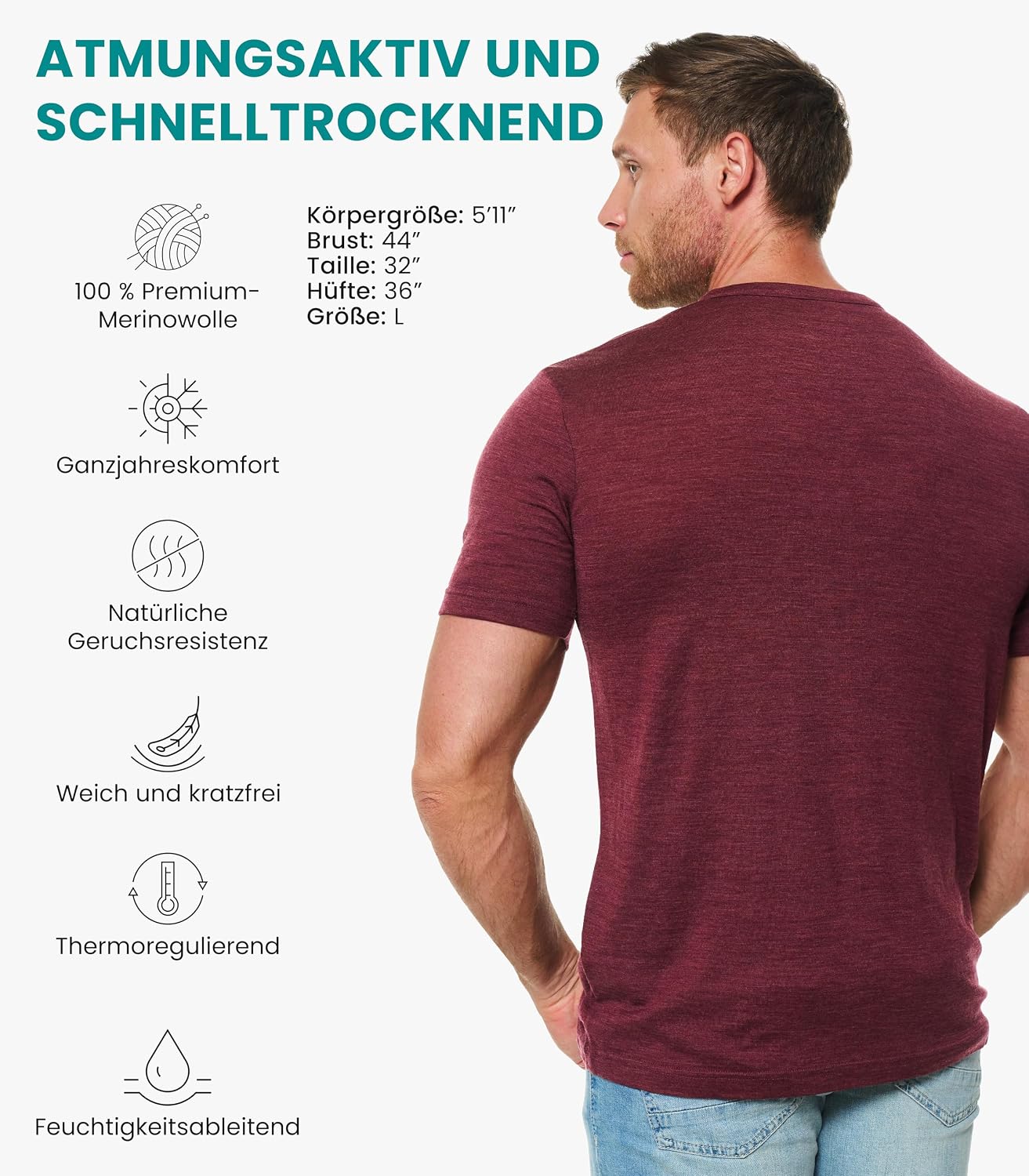 Detalle 2 de Merino Shirt Herren 100% Wolle