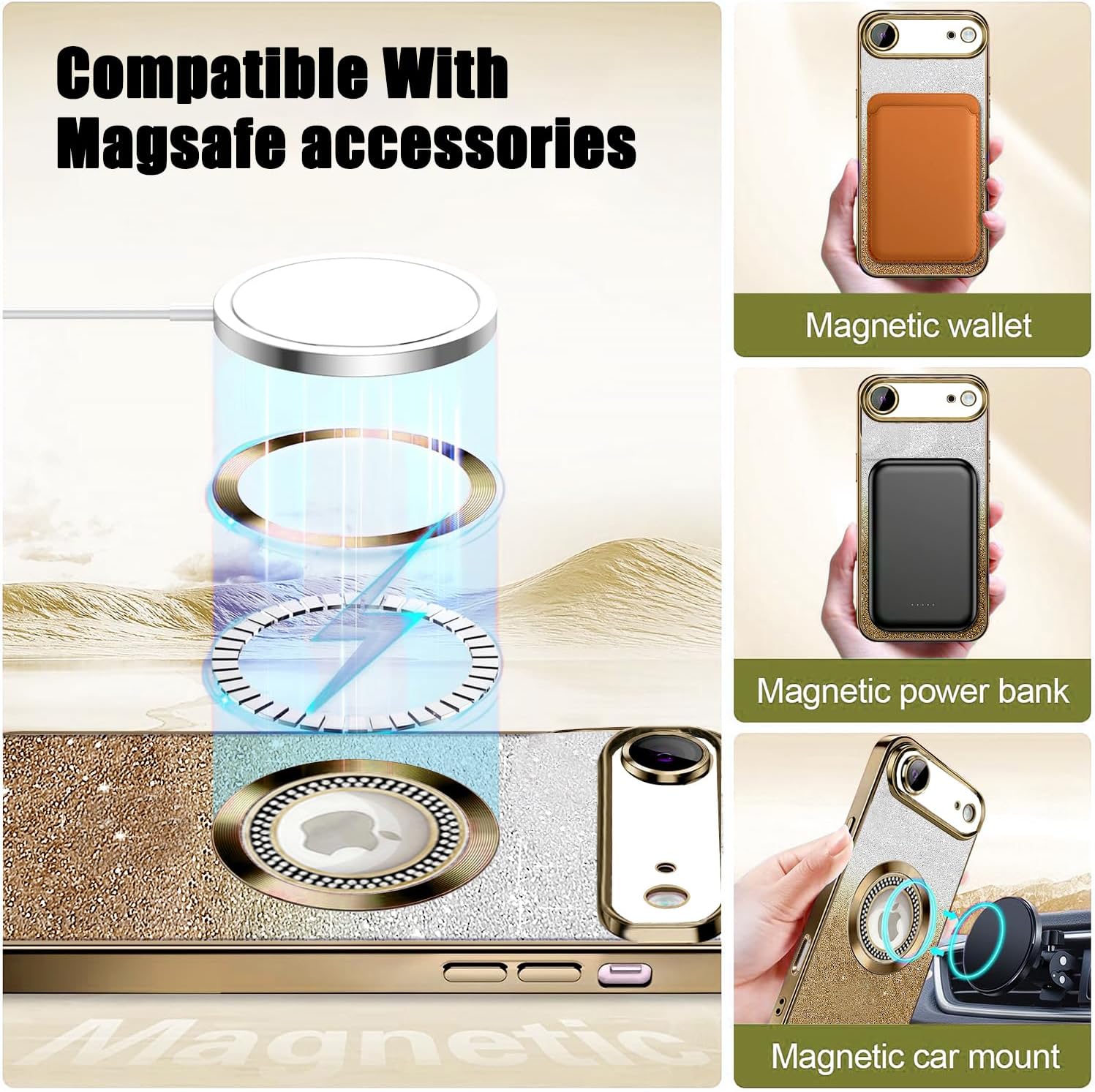 Thumbnail 2 de Misscase MagSafe Glitter Case for iPhone 17 Air (6.5") — Gold, Slim Shockproof Cover with Camera Lens Protector