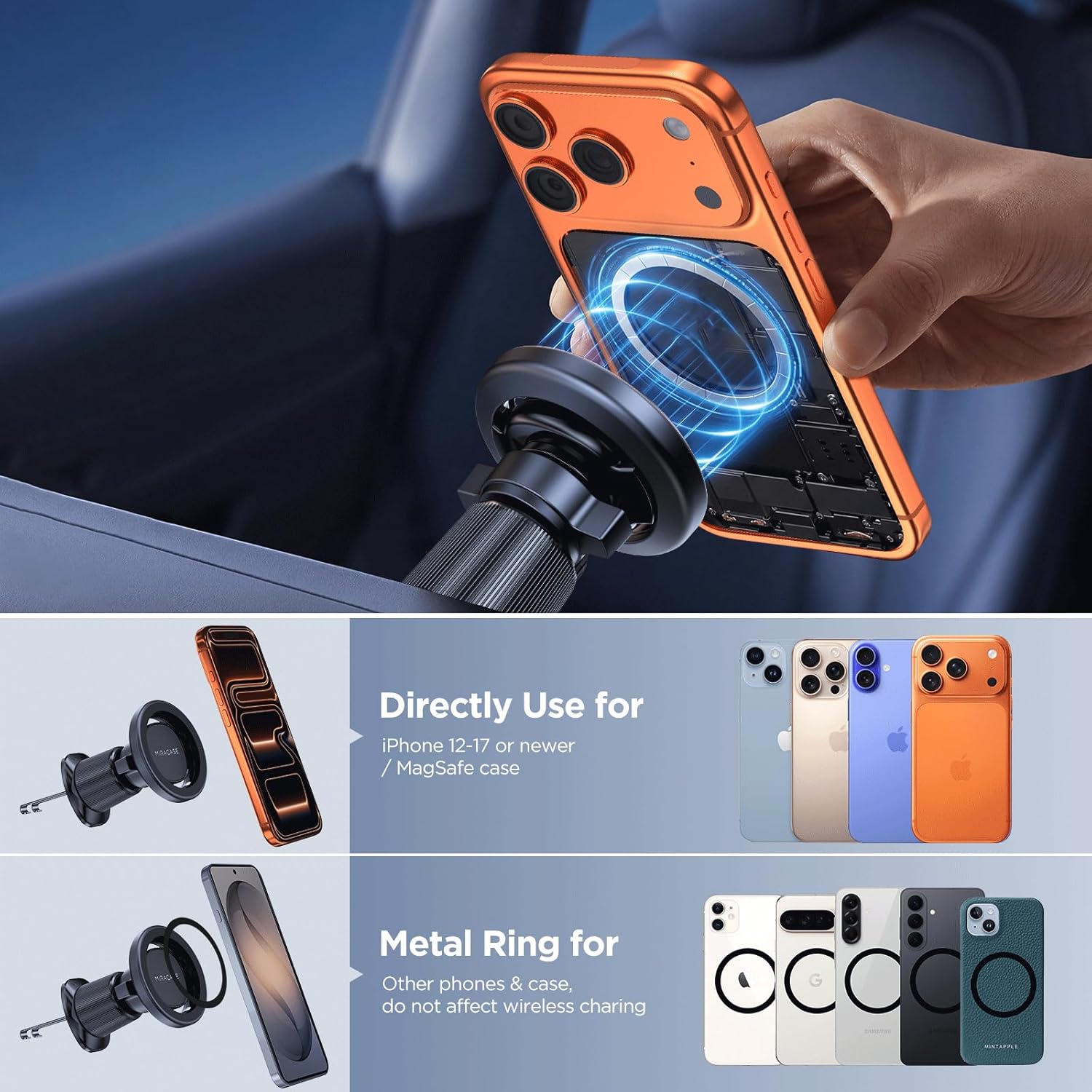 Thumbnail 6 de Miracase MagSafe Car Phone Holder with 20 N55 Magnets (360° Adjustable) for Air Vents, Black