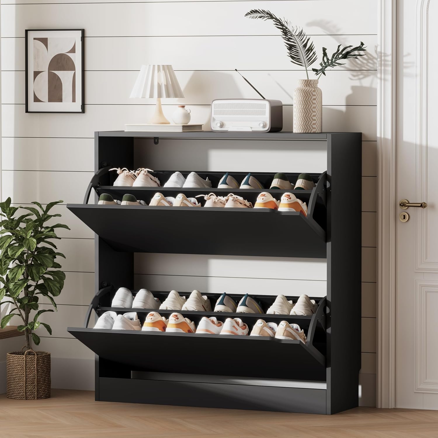 Detalle de Xixini 002 Shoe Storage Cabinet, 2 Flip Drawers, Slim Black Design