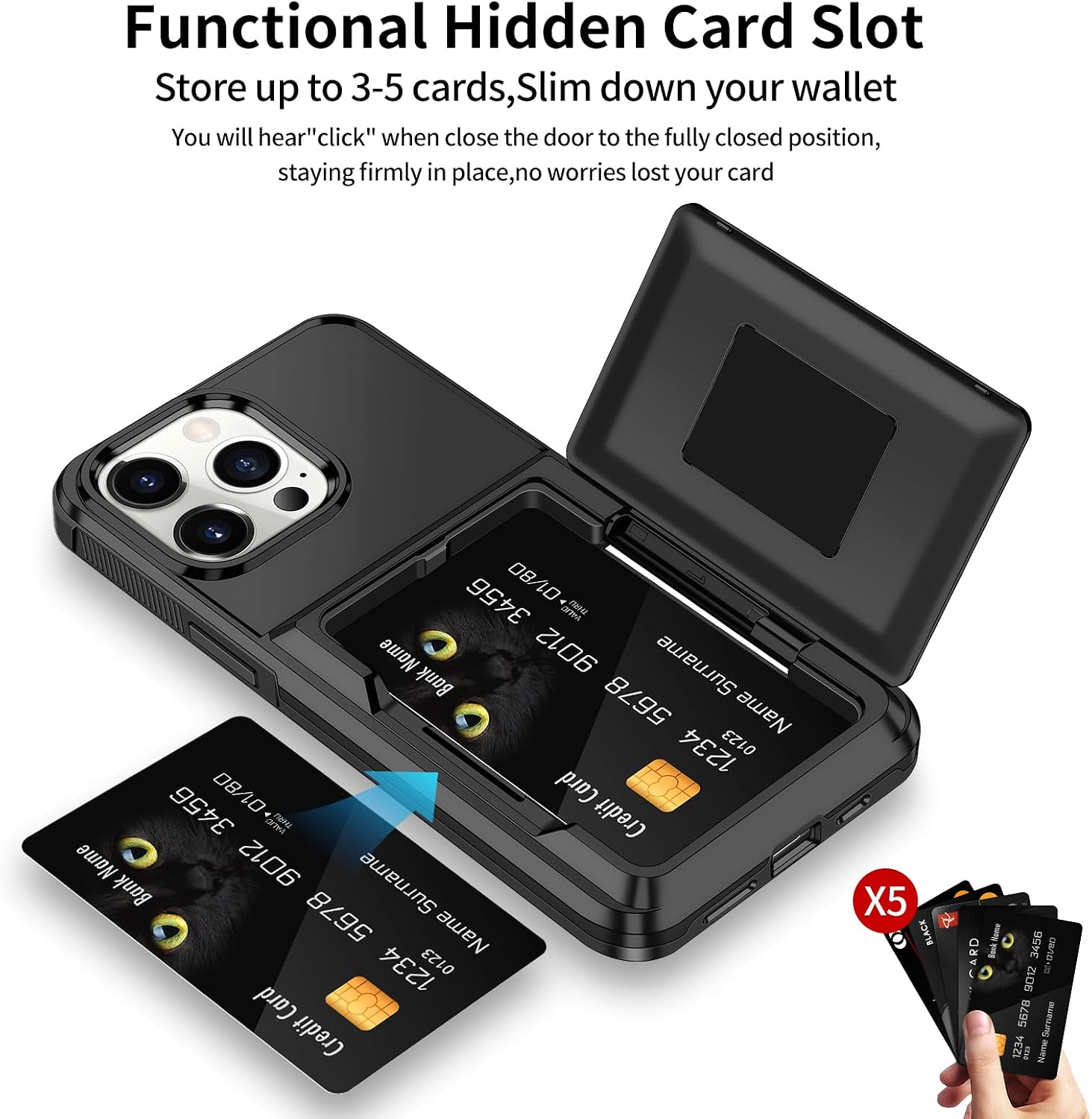 Detalle de Aolcev iPhone 12 / 12 Pro case with card holder (up to 4 cards) – dual-layer shockproof wallet cover, black